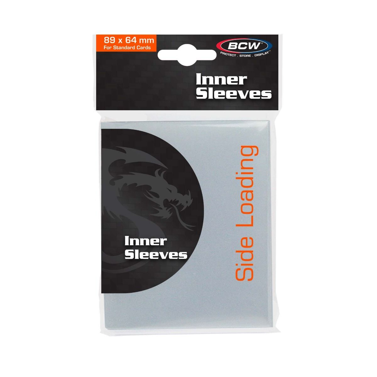 Kartenhüllen-Verpackung. Schwarz, Weiß und Orange. Text: Inner Sleeves, Side Loading.