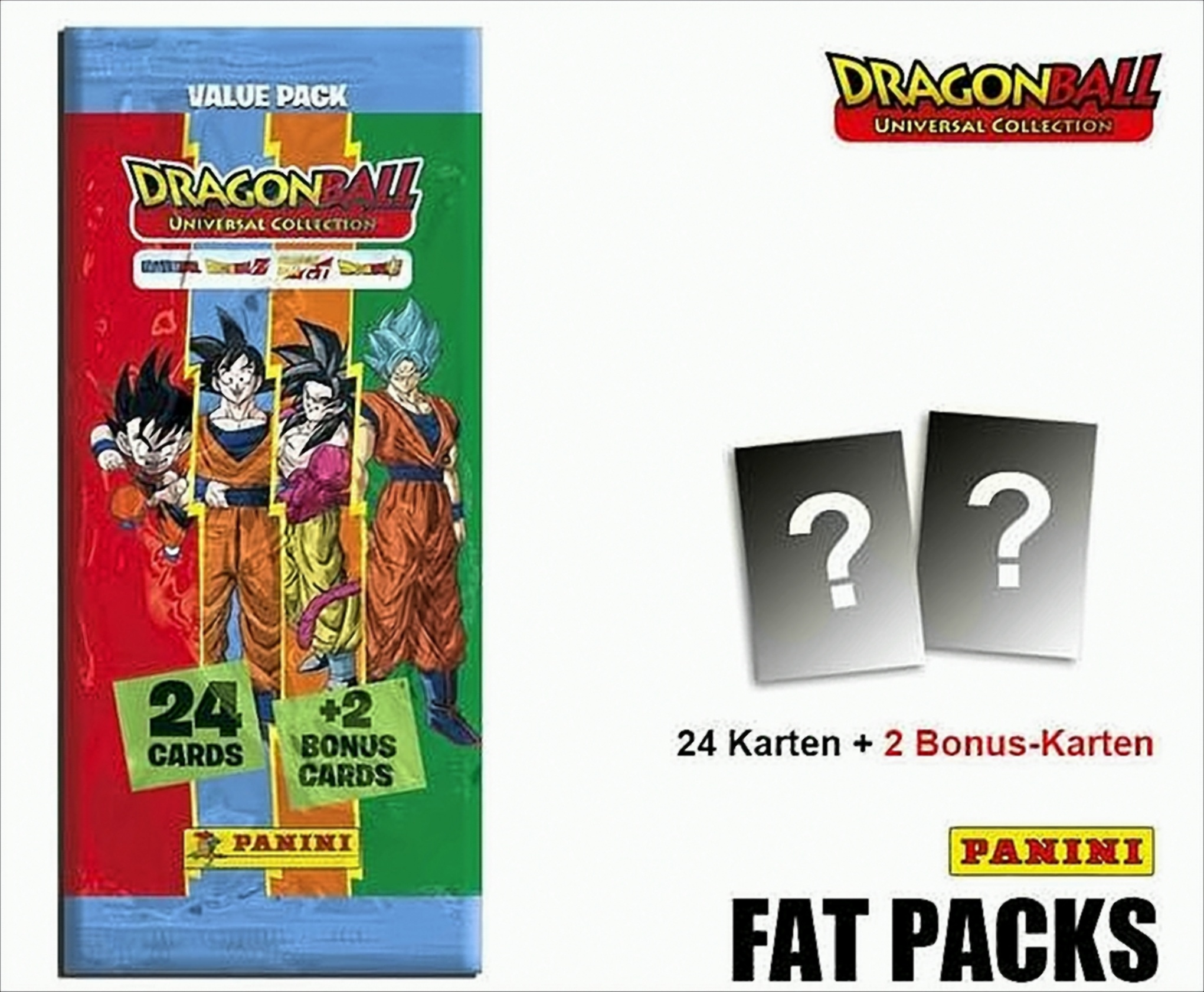 Dragon Ball Trading Card Pack und zwei leere Karten. Text 'Fat Packs'.