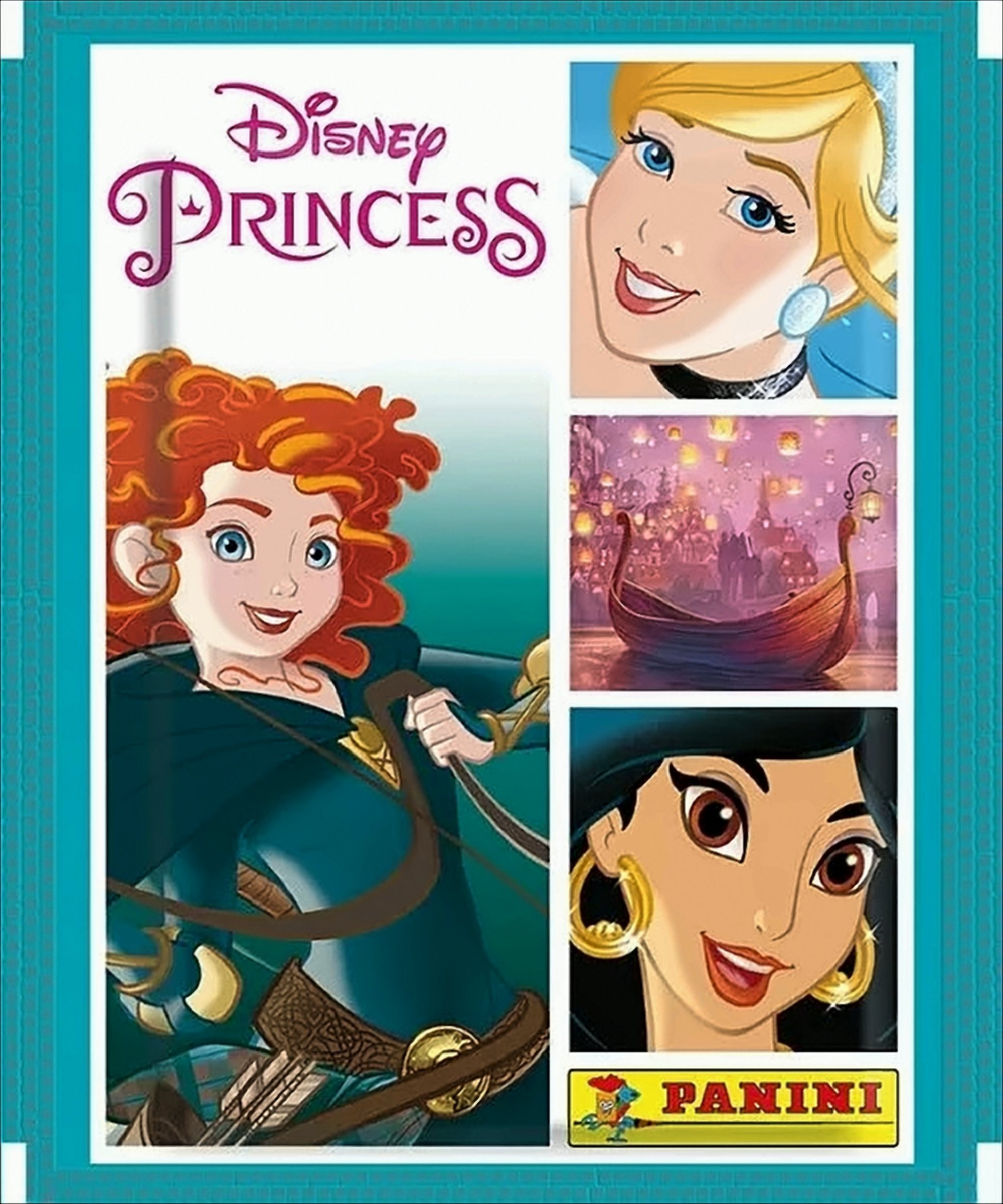 Ein Disney Princess Sticker-Albumcover mit Bildern von Prinzessinnen und Panini-Logo, weißer Hintergrund.