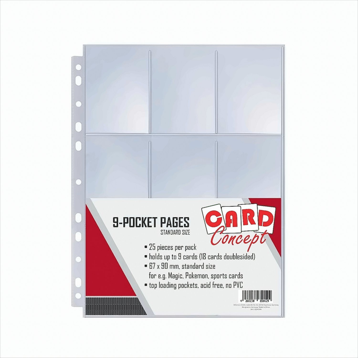 Card Concept 9-Pocket-Seiten. Klare Kunststoffseiten, die jeweils 9 Karten halten. Text: 25 Stück pro Packung.