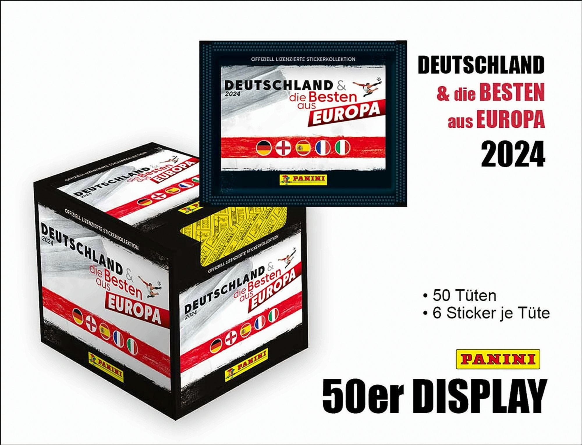 Box mit Text 'Deutschland & die Besten aus Europa 2024'. Enthält Aufkleber. Schwarz und rot.