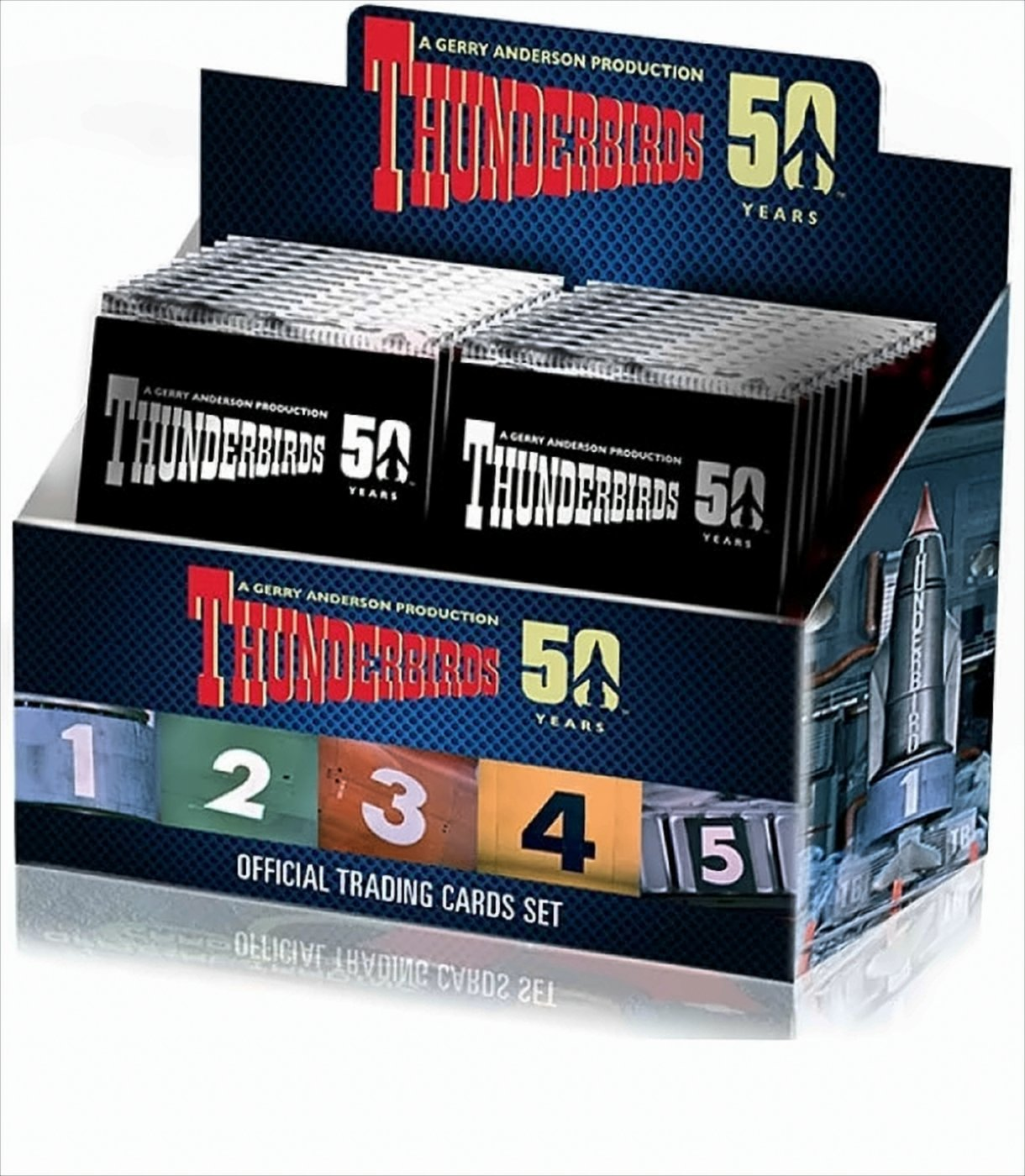 Eine Box mit Thunderbirds-Sammelkarten. Die Box hat Kartenpakete und nummerierte Karten.
