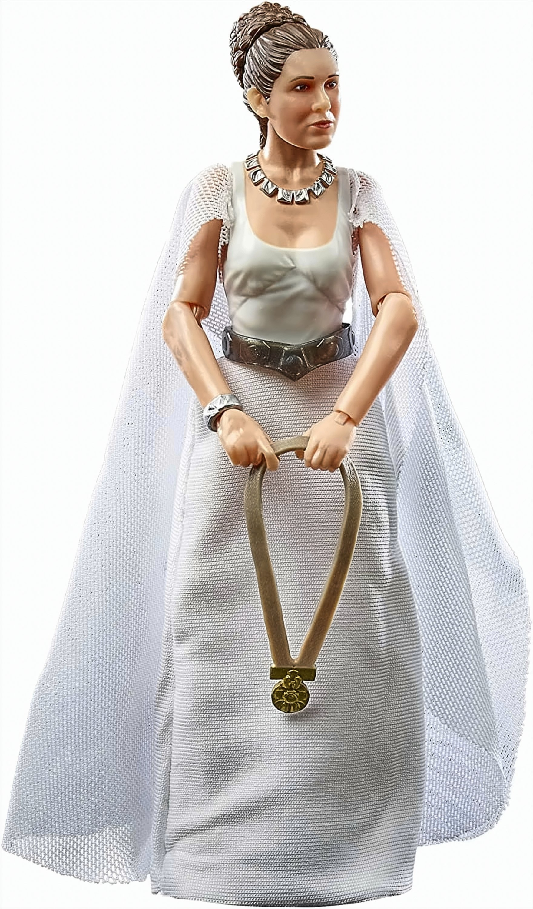 Star Wars Prinzessin Leia Figur, weiß gekleidet, hält eine Medaille, mit weißem Hintergrund.
