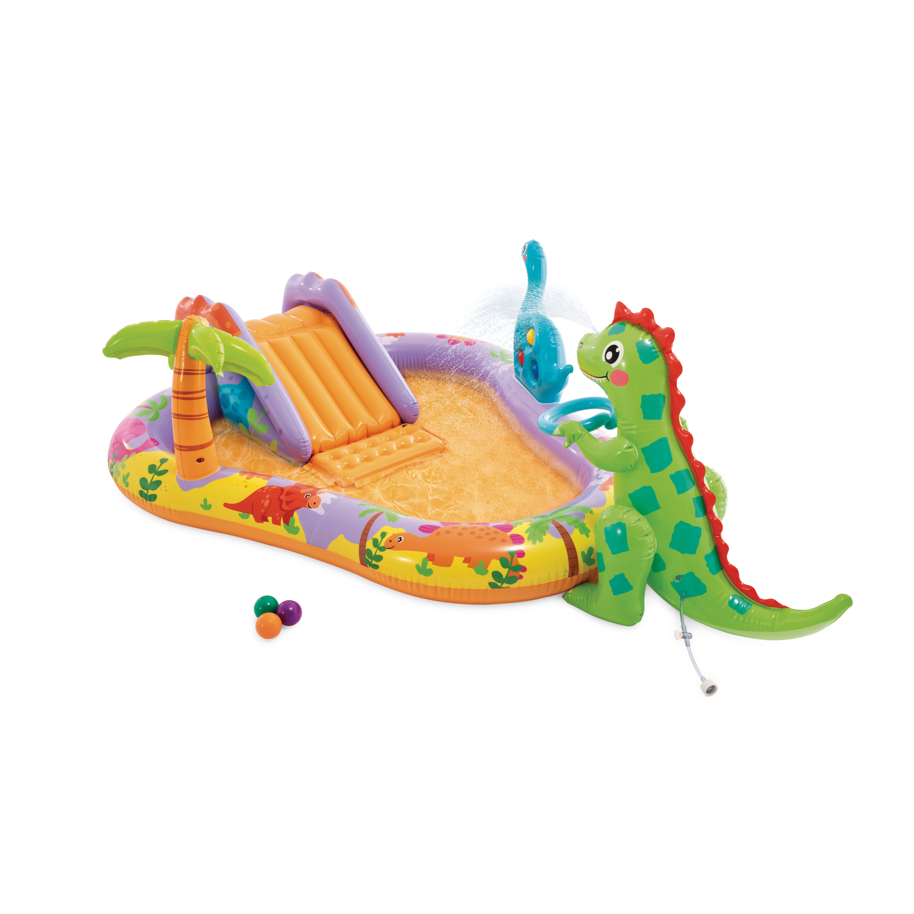 Aufblasbarer Pool im Dinosaurier-Design mit Rutsche, Palme und Dino-Sprayer.