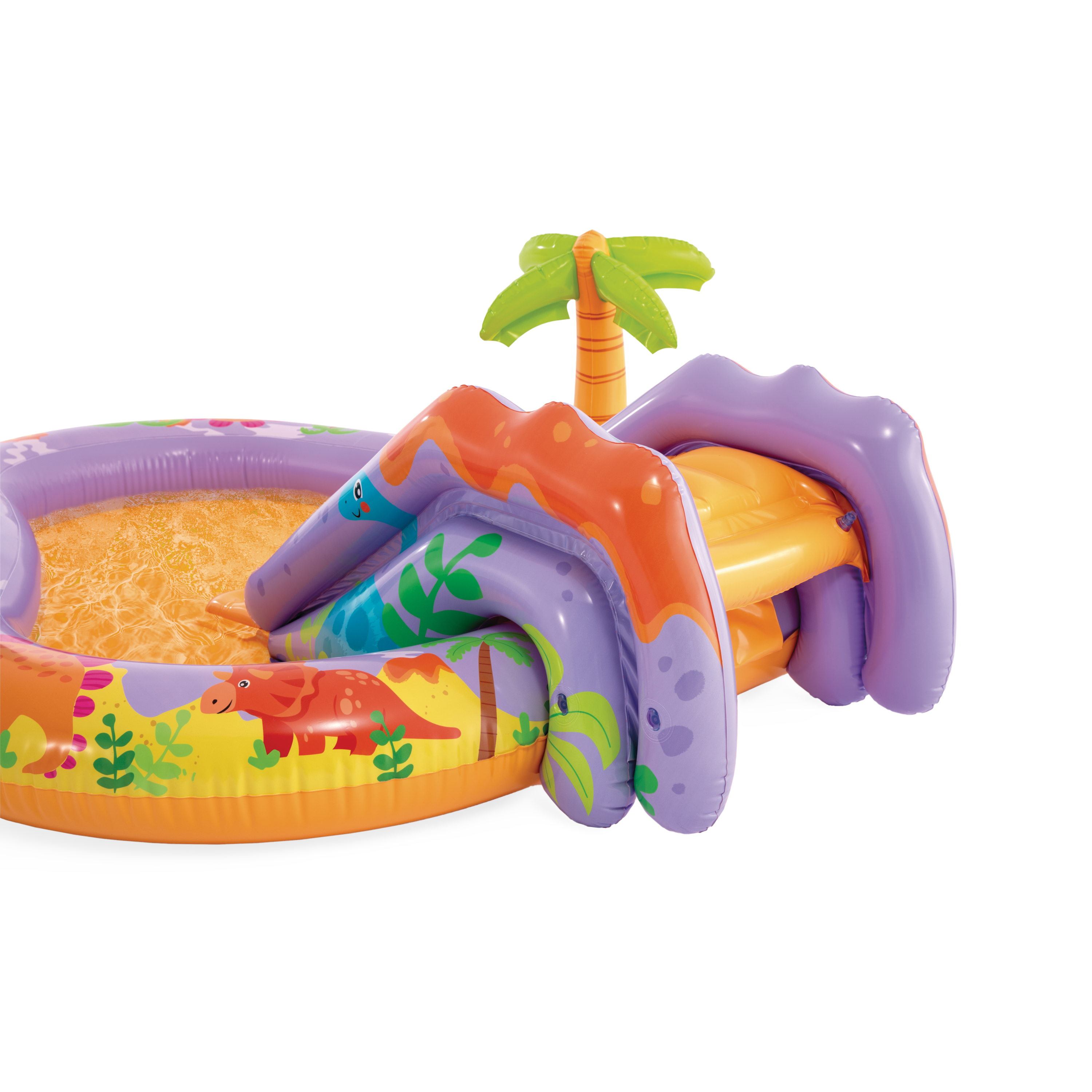Aufblasbarer Dinosaurier-Pool mit Rutsche und Palme, farbenfrohes Design auf weißem Hintergrund.