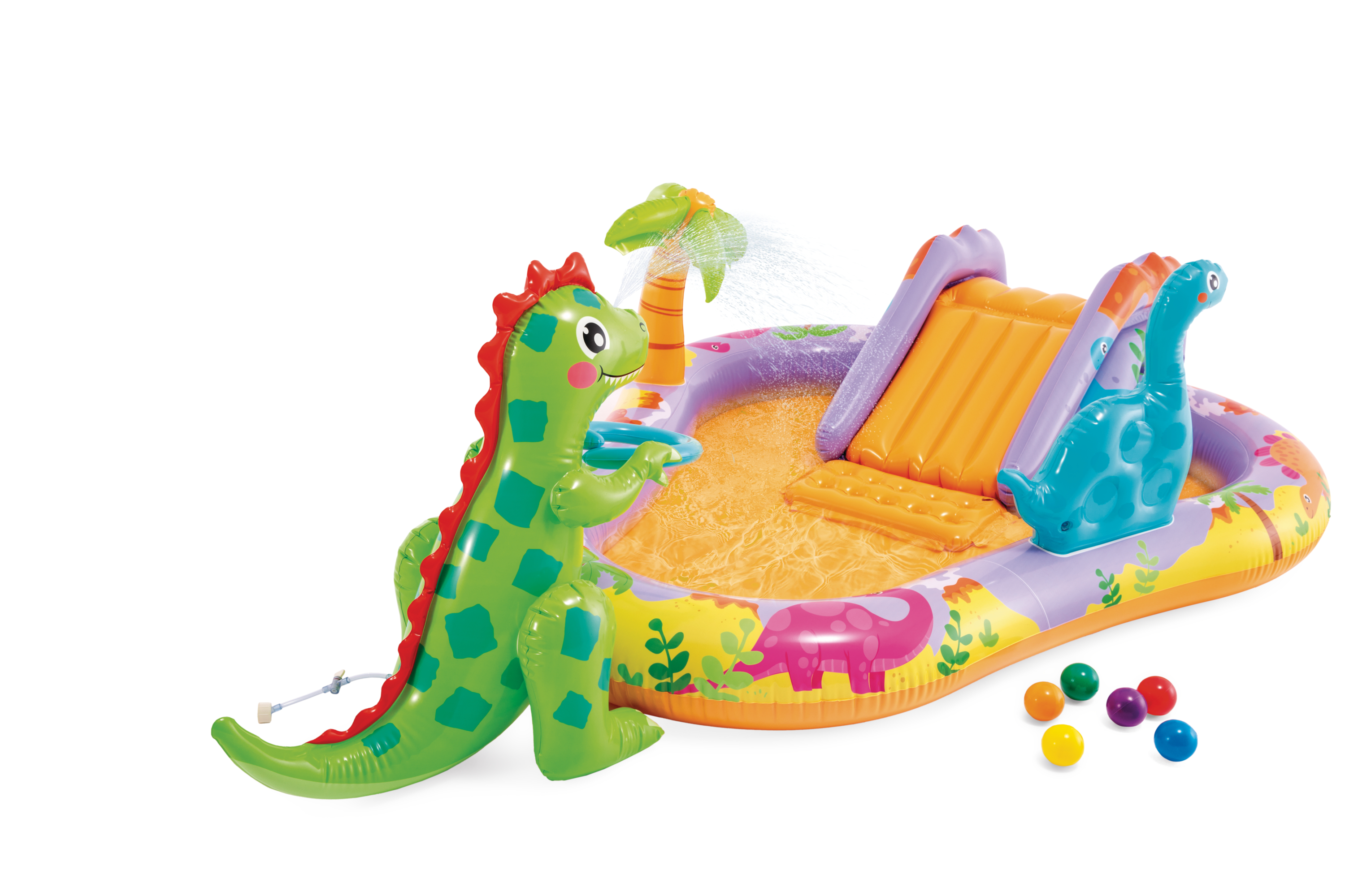 Ein farbenfroher aufblasbarer Dinosaurierpool mit Rutsche.