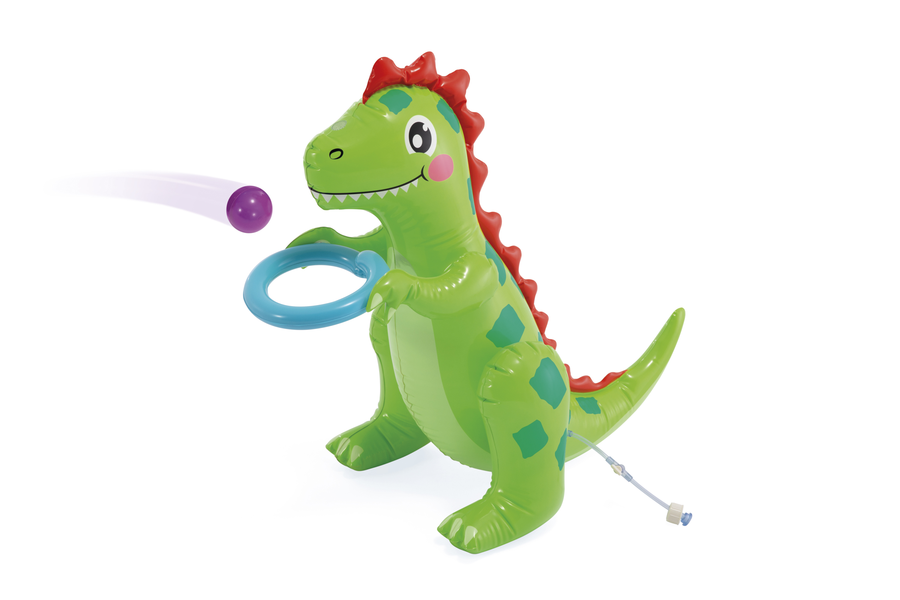 Grünes aufblasbares Dinosaurierspielzeug mit blauem Ring und lila Ball. Weißer Hintergrund.