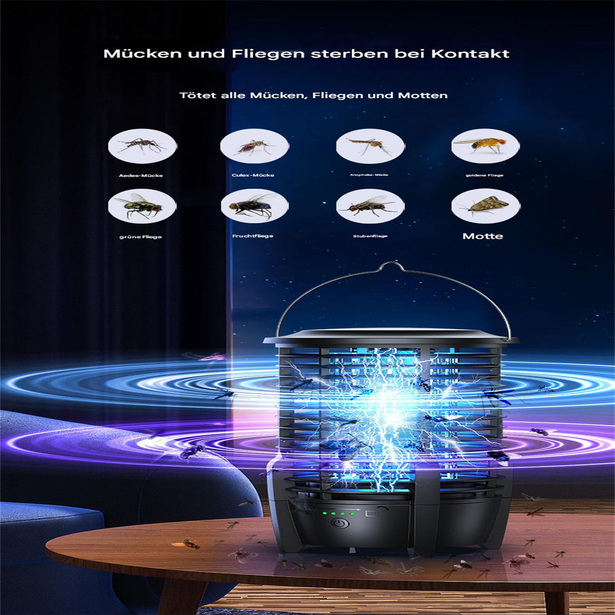 Mückenvernichter, mit Insektenbildern und blauem Lichteffekt.