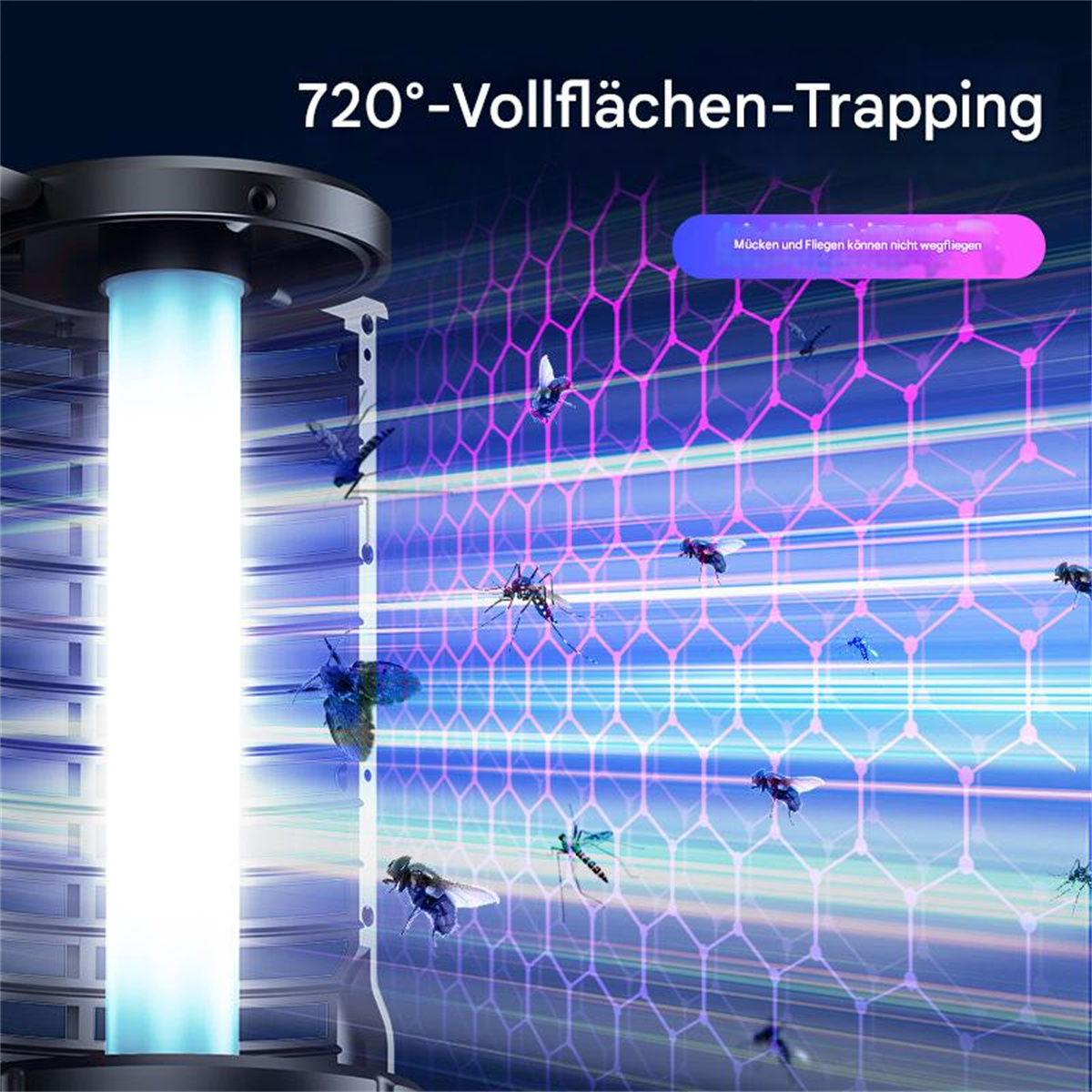 Ein Insektenvernichter mit Insekten. Der Zapper emittiert Licht. Der Hintergrund ist ein blau-violetter Farbverlauf.