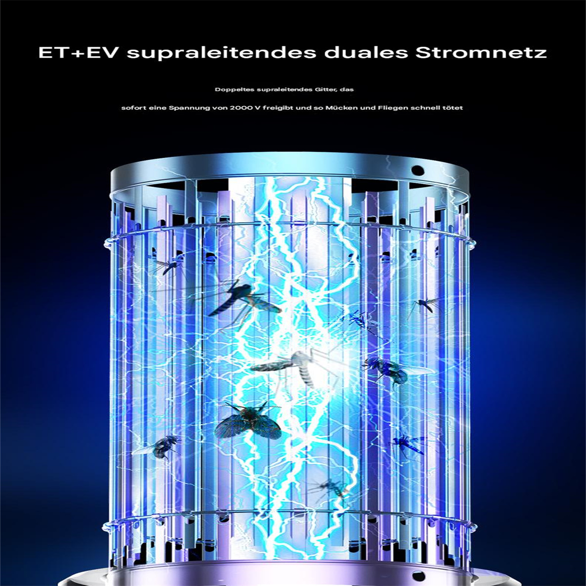 Ein elektrischer Insektenvernichter mit blauem Licht und einigen Insekten darin. Dunkler Hintergrund.