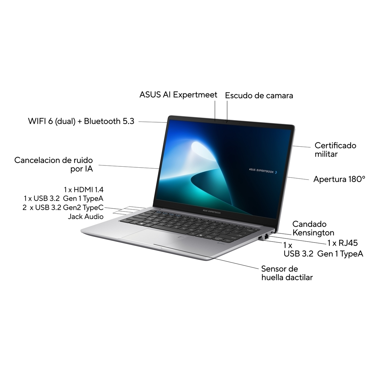 Ordenador portátil plateado con etiquetas: WiFi, HDMI, puertos USB, sensor de huellas dactilares y otras características.