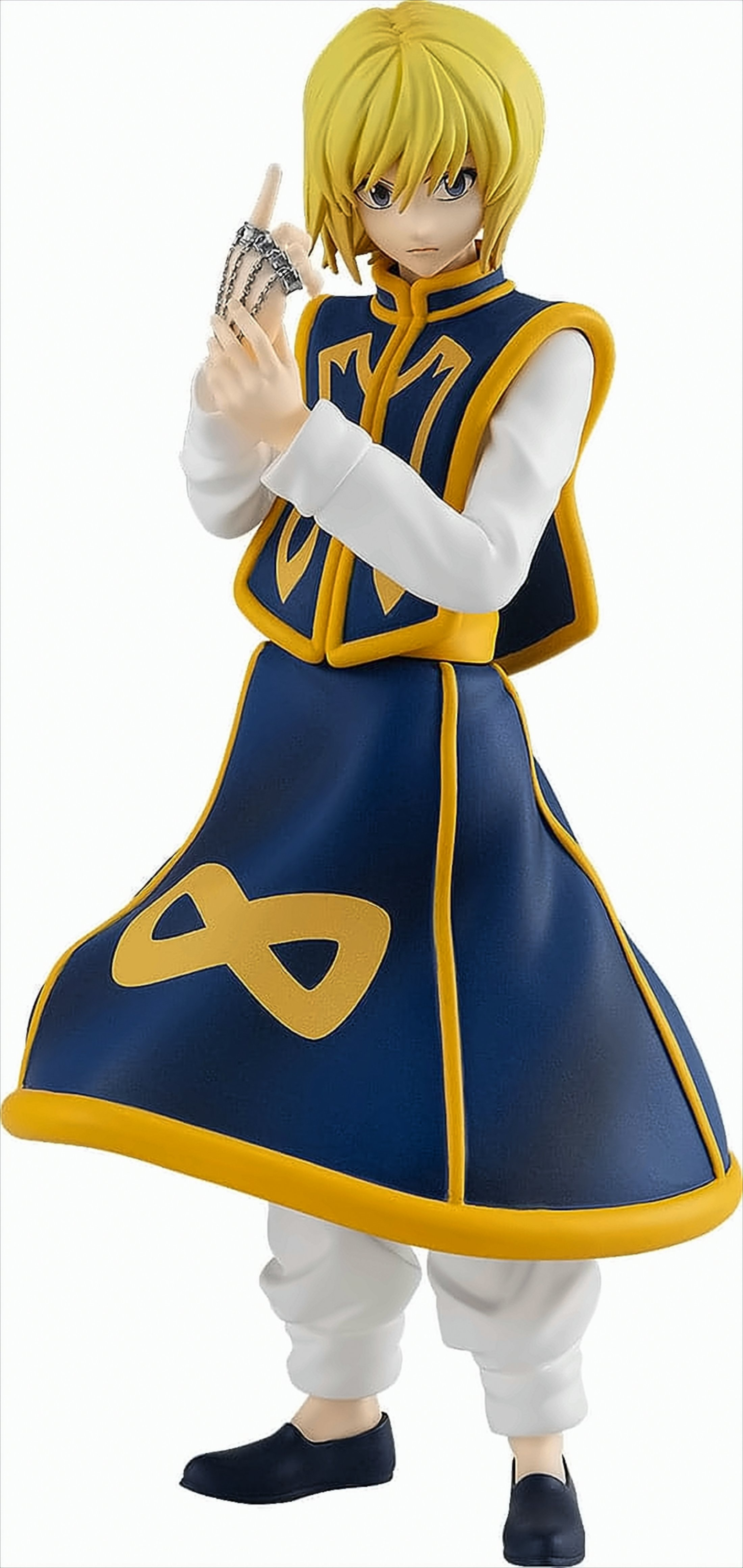 Anime-Figur eines blonden Mannes in blauem Outfit. Weißer Hintergrund.
