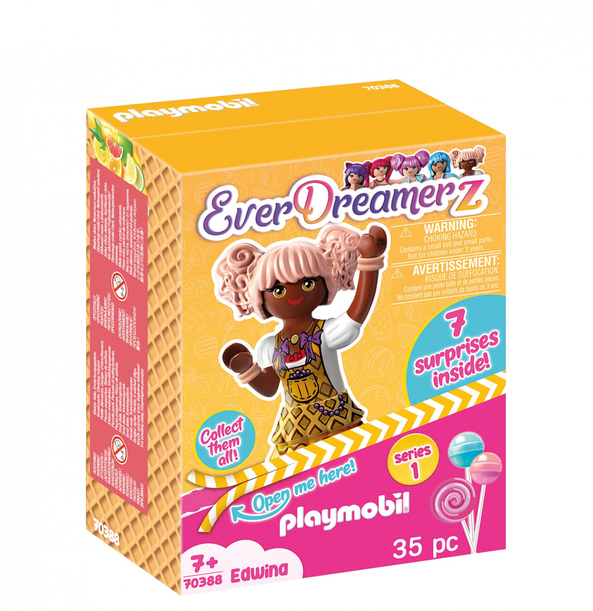 Box mit Puppenfigur, EverDreamerZ-Serie und 7 Überraschungen. Rosa und gelbe Farben. Enthält die Worte 'Open me here!'