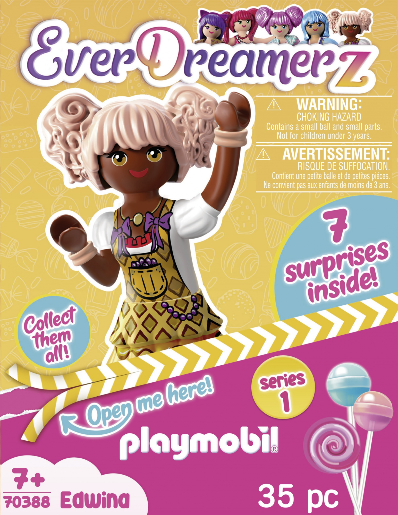 Playmobil-Box mit einer Puppe, Lollis und Text. Warnung vor Kleinteilen wird angezeigt.