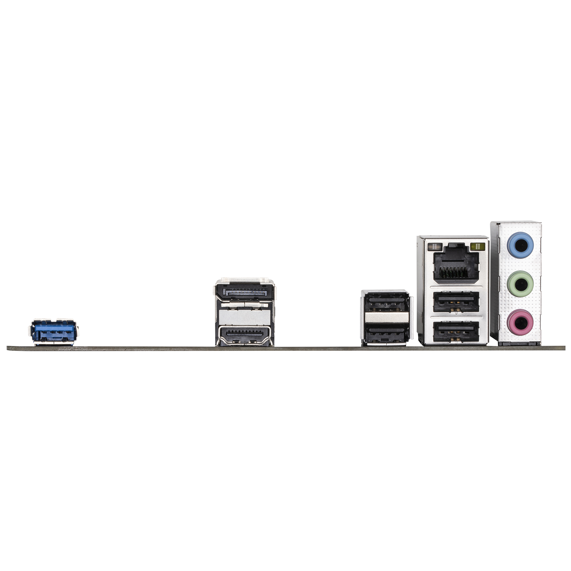 Nahaufnahme der Rückseite eines Computer-Motherboards. Anschlüsse für USB, Audio und mehr sind gezeigt.
