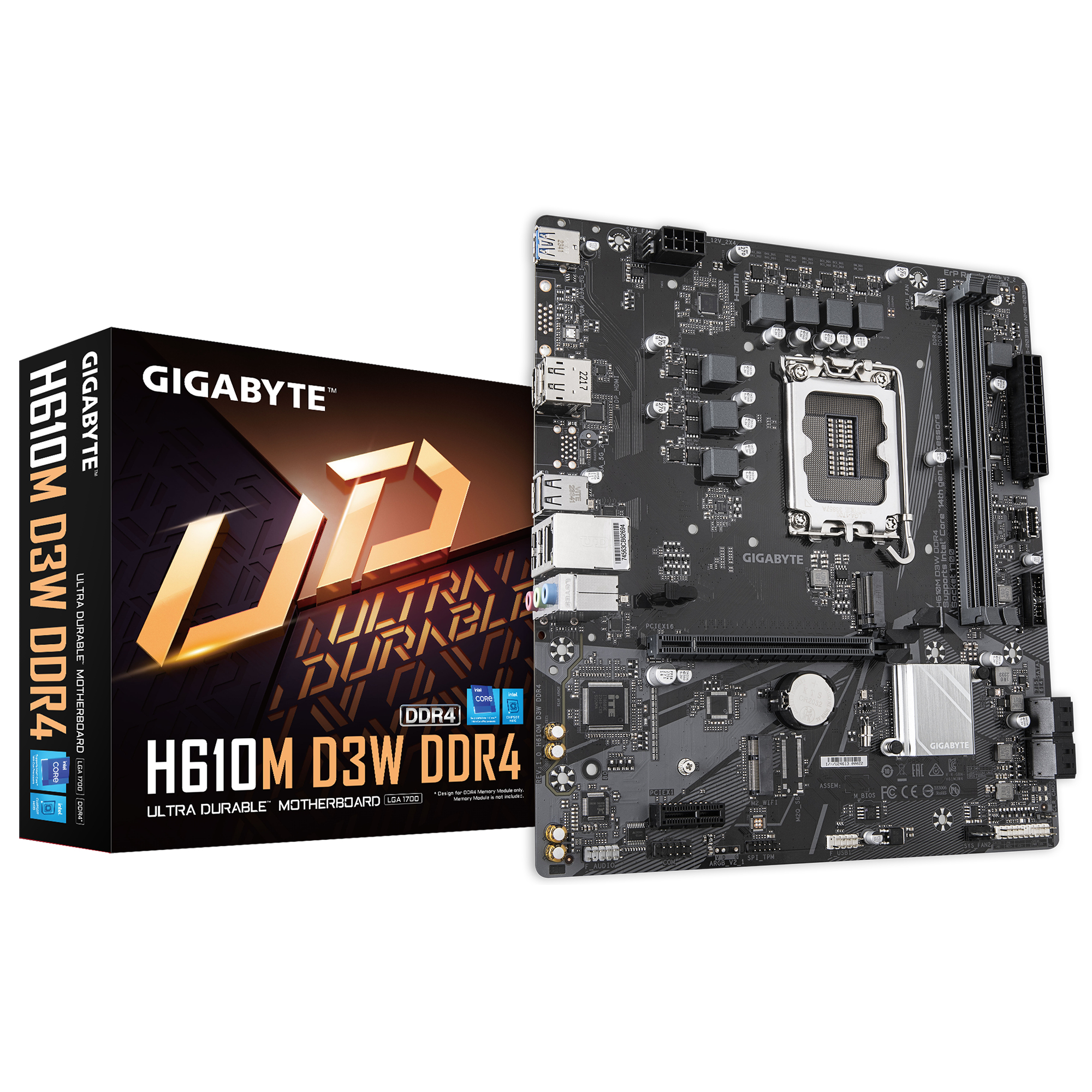 Ein Motherboard und seine Box. Die Box ist schwarz mit Gigabyte- und DDR4-Etiketten.