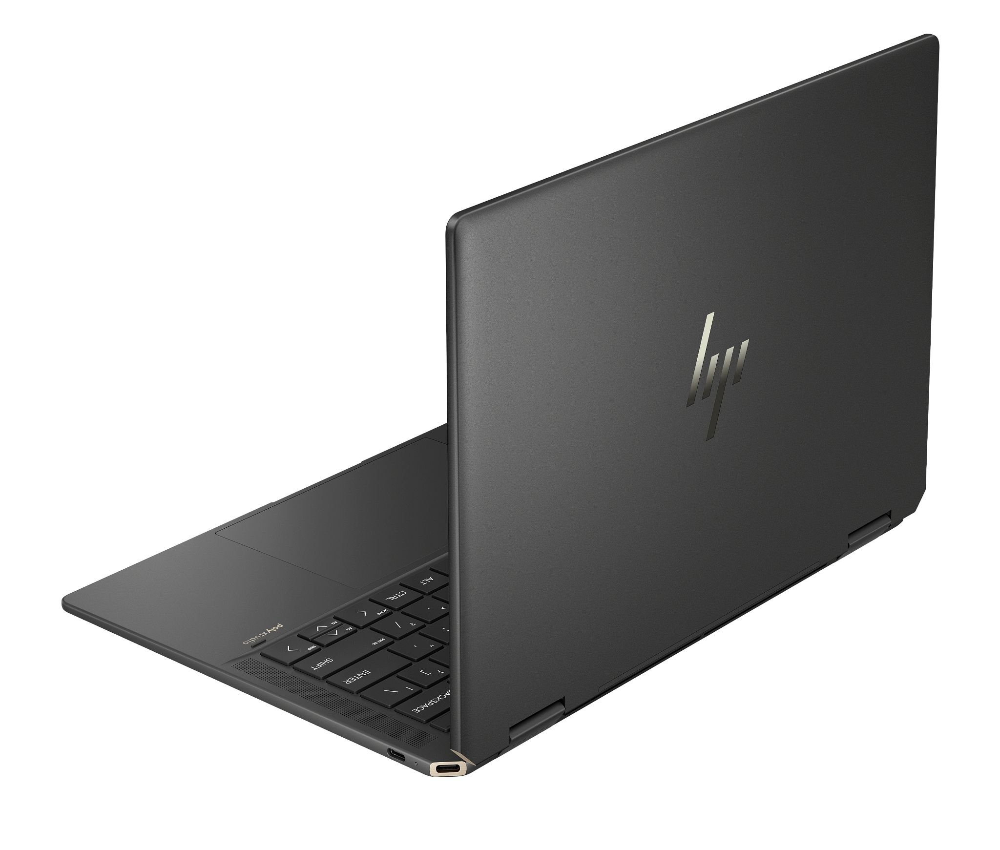Schwarzer Laptop, geöffnet, mit Tastatur und Bildschirm mit HP-Logo auf weißem Untergrund.