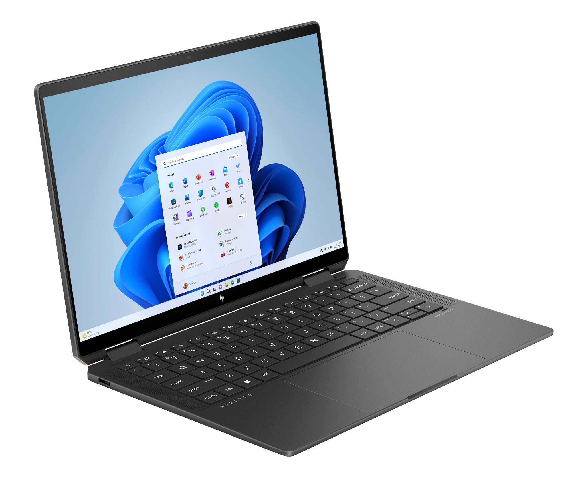 Schwarzer Laptop geöffnet, Windows 11-Oberfläche. Tastatur und Touchpad sichtbar.