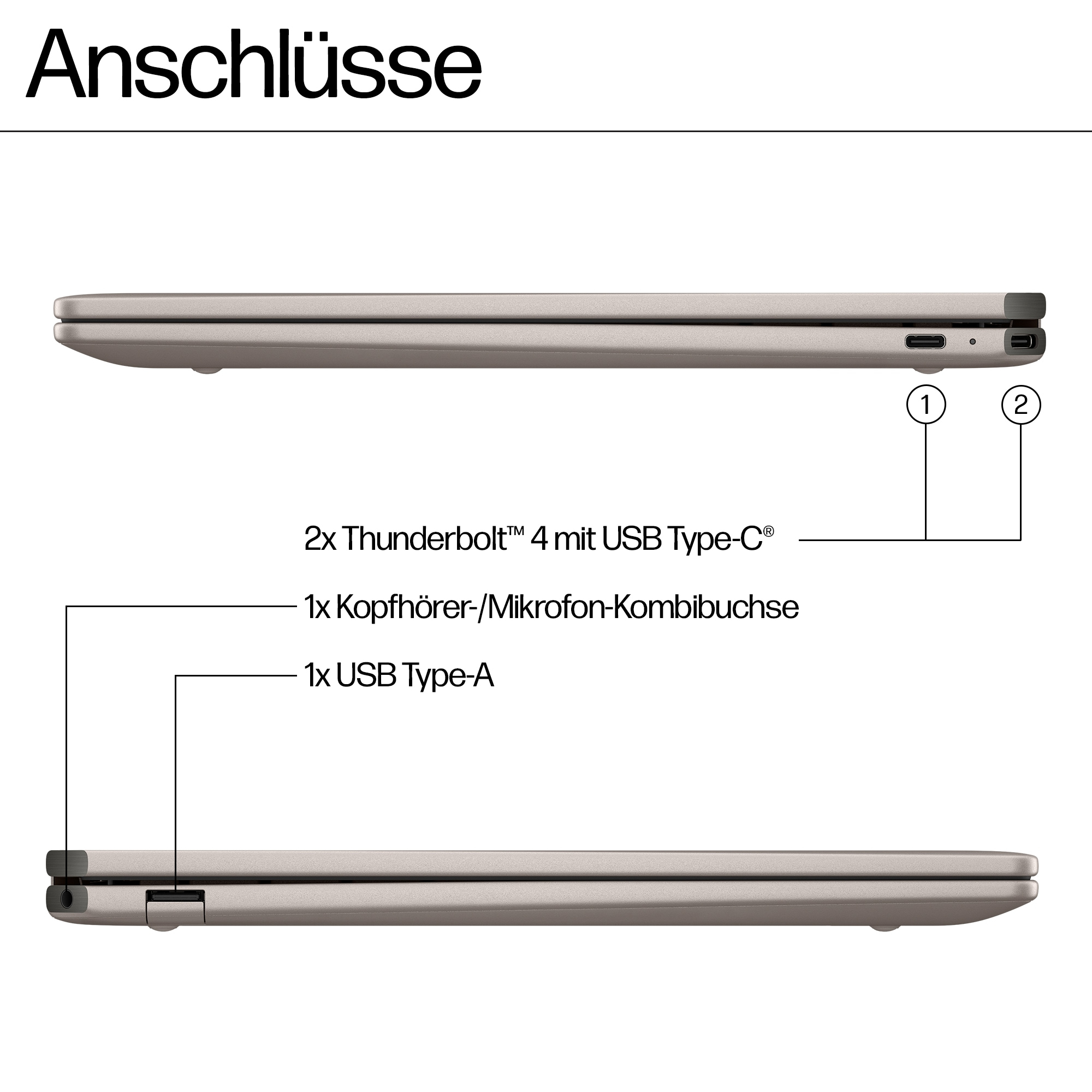 Nahaufnahme der Seite eines Laptops mit beschrifteten Anschlüssen: USB, Thunderbolt und Kopfhöreranschluss.