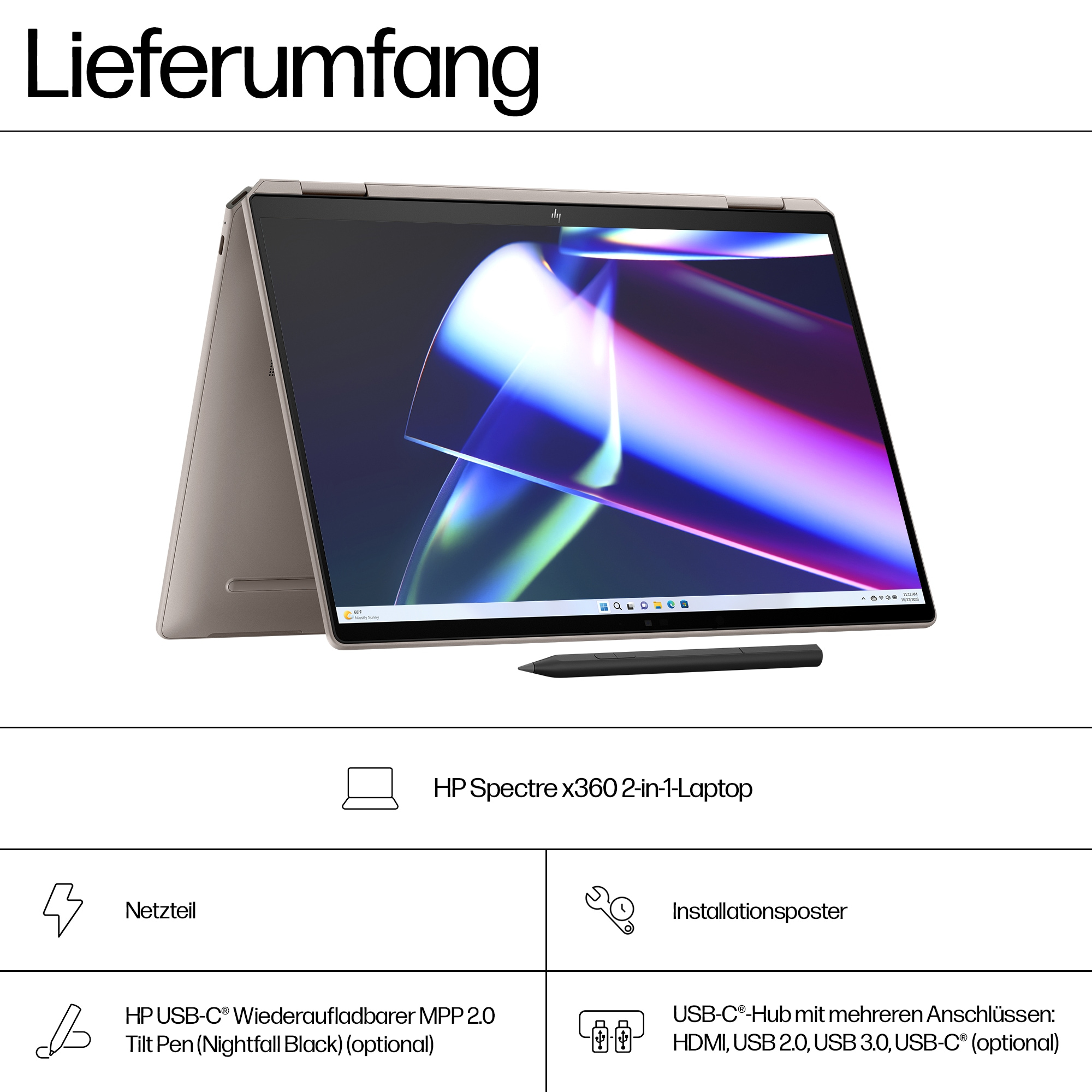 Ein Laptop mit Stift und Zubehör, mit Text und Symbolen auf weißem Grund.