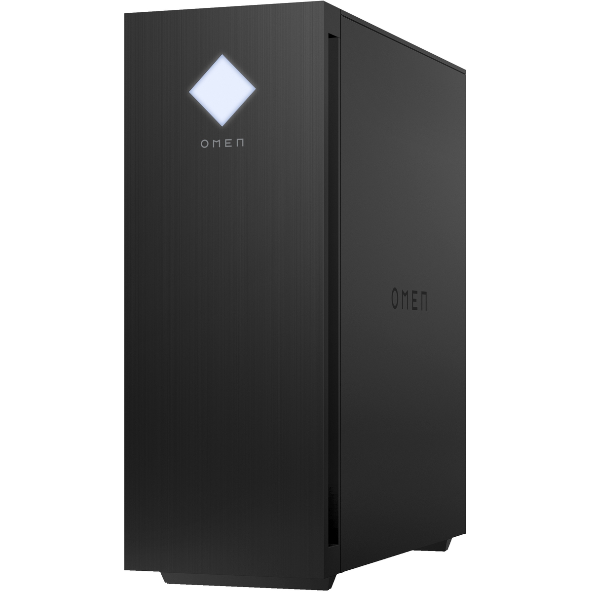 Una torre per PC da gioco OMEN nera con un logo a diamante illuminato sul davanti.