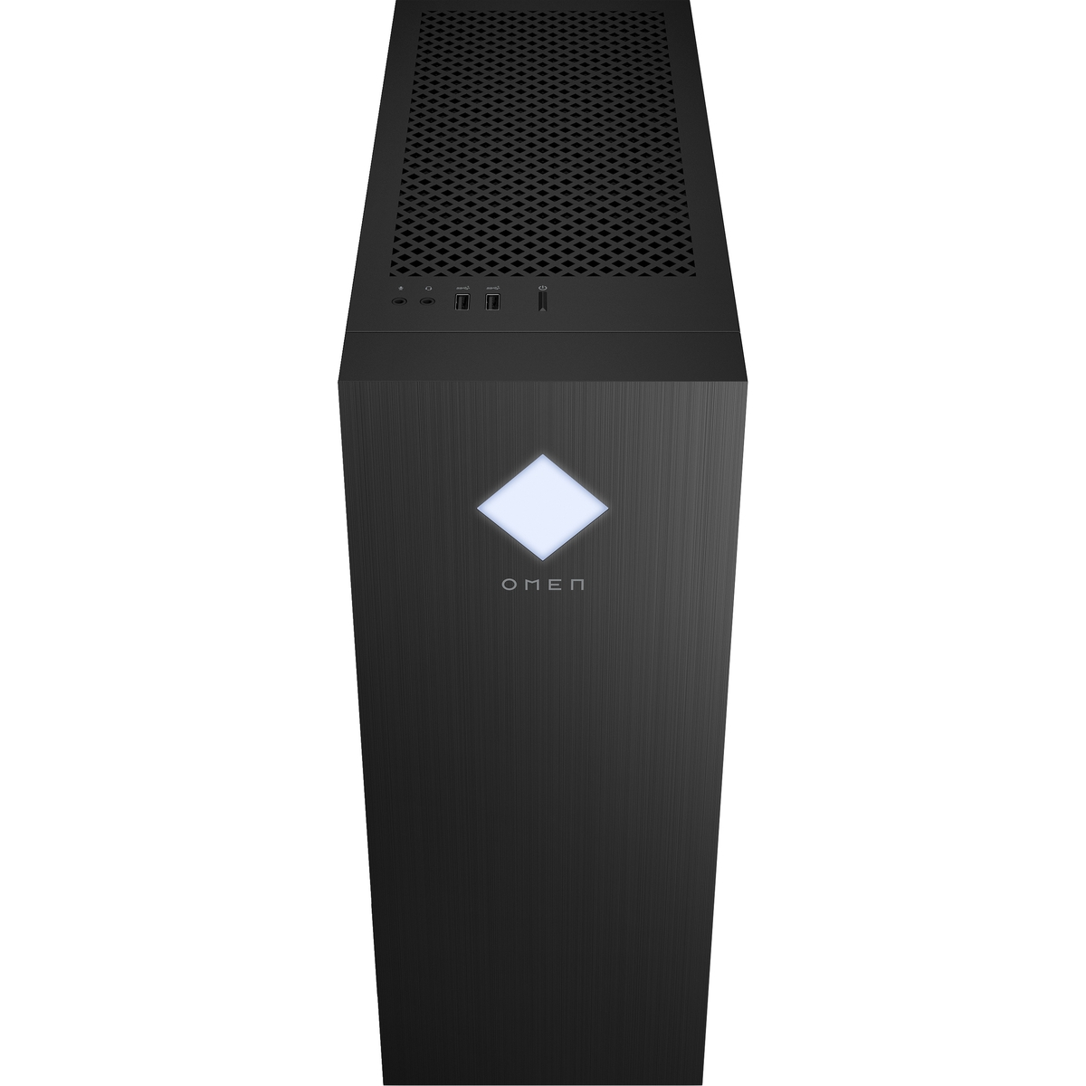 Case per computer Omen nero. Ha una luce a forma di diamante e una parte superiore a rete.