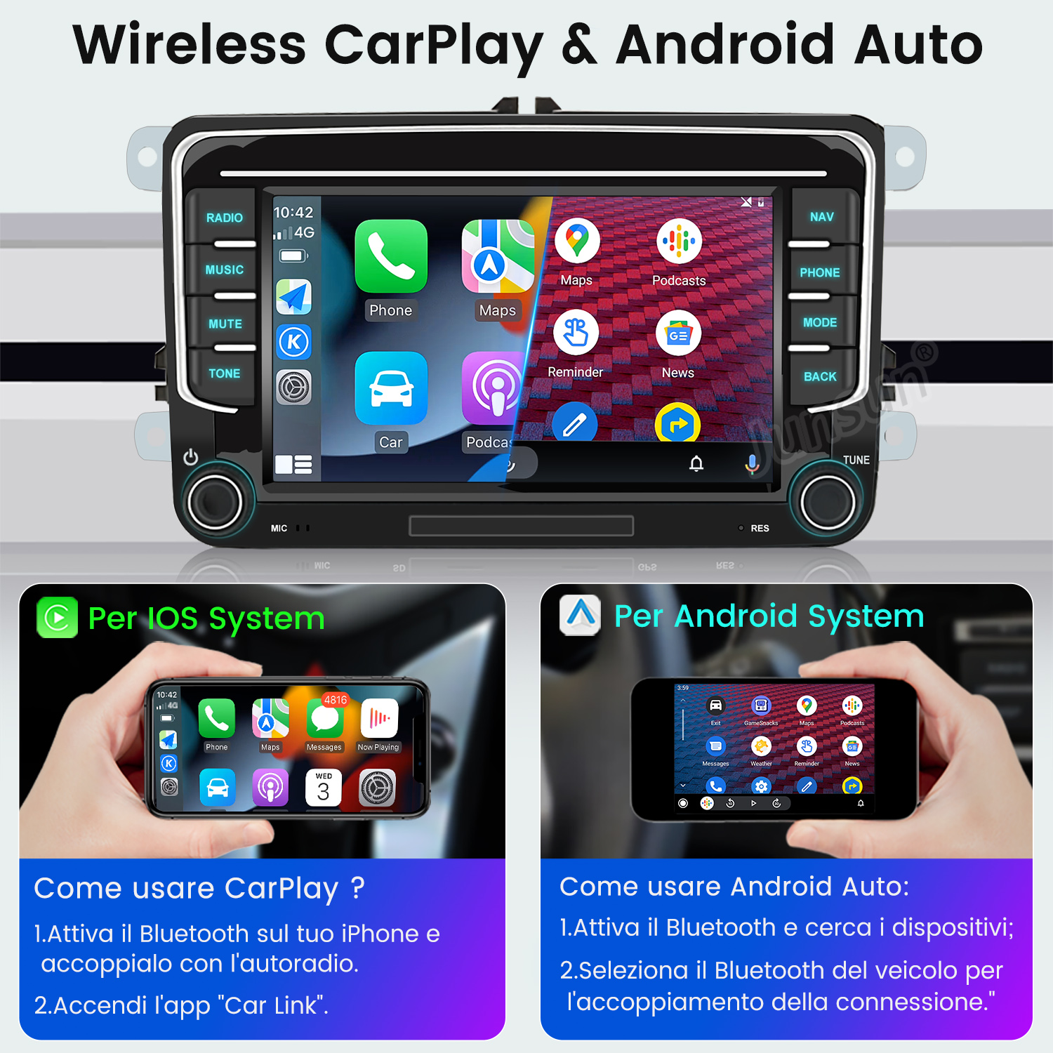 Sistema multimediale per auto con schermo e icone app. Istruzioni per CarPlay e Android Auto.