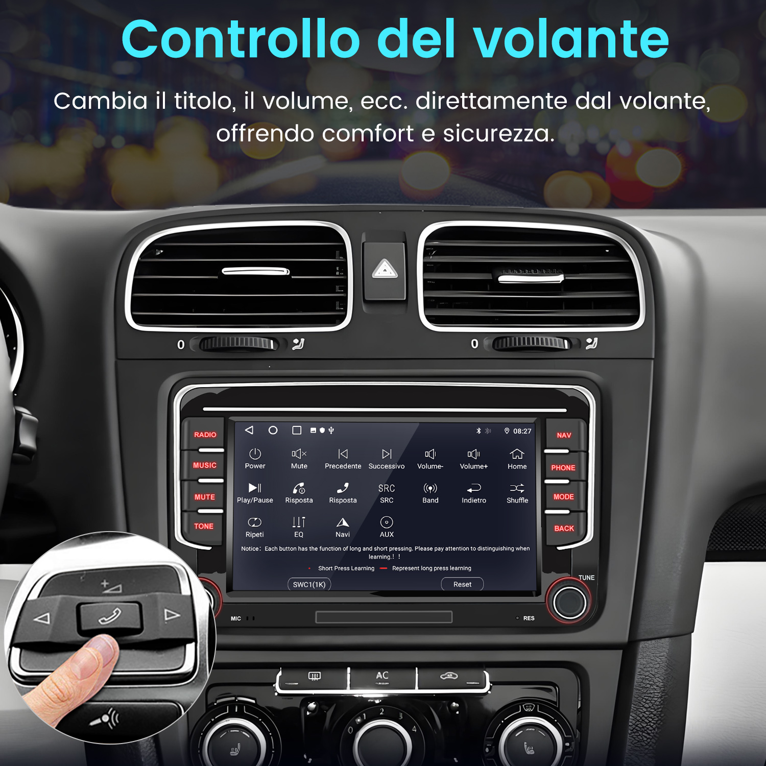 Cruscotto auto con radio touchscreen e mano che tocca un pulsante.