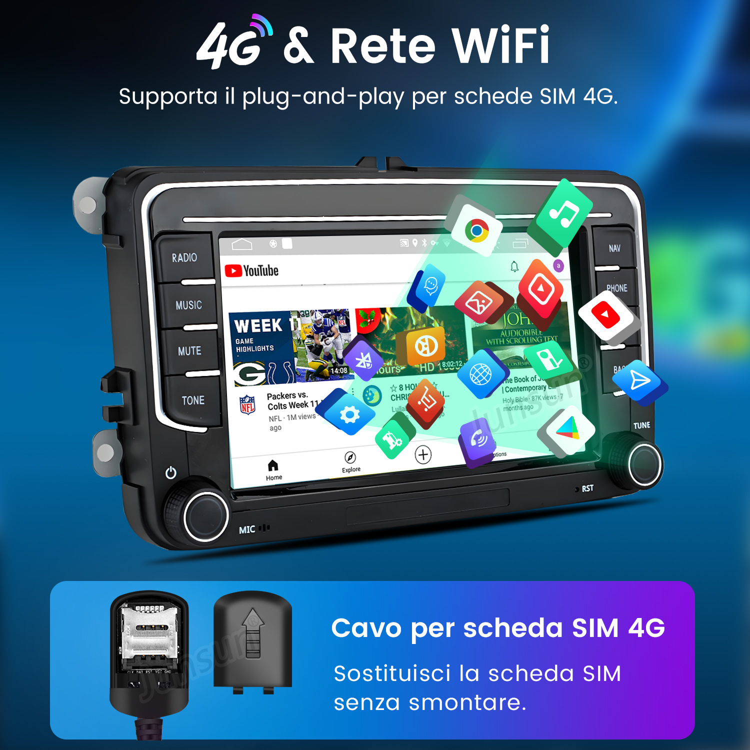 Autoradio con interfaccia, mostra app e icone. Slot per scheda SIM sotto.