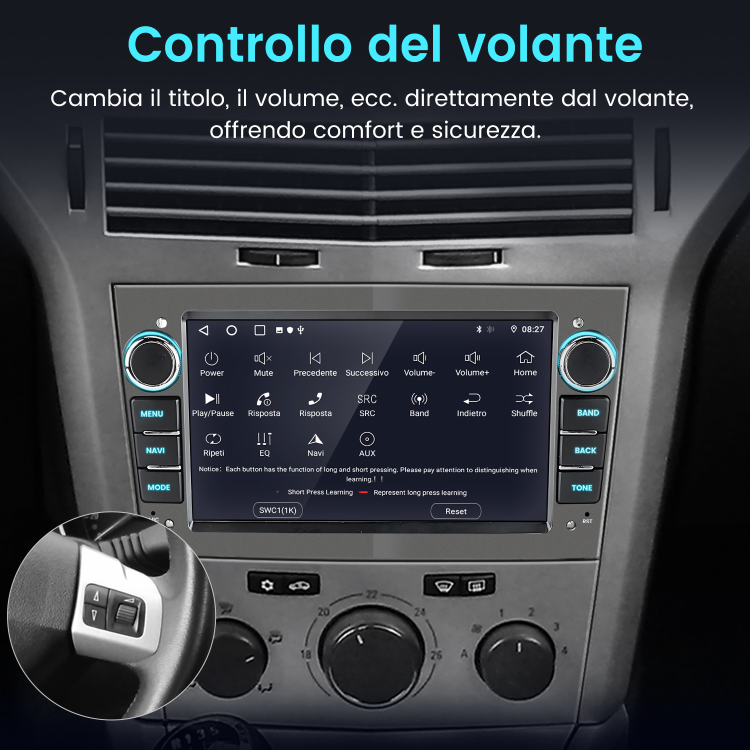 Sistema autoradio con schermo che mostra l'interfaccia utente. Il volante con i pulsanti è in primo piano.