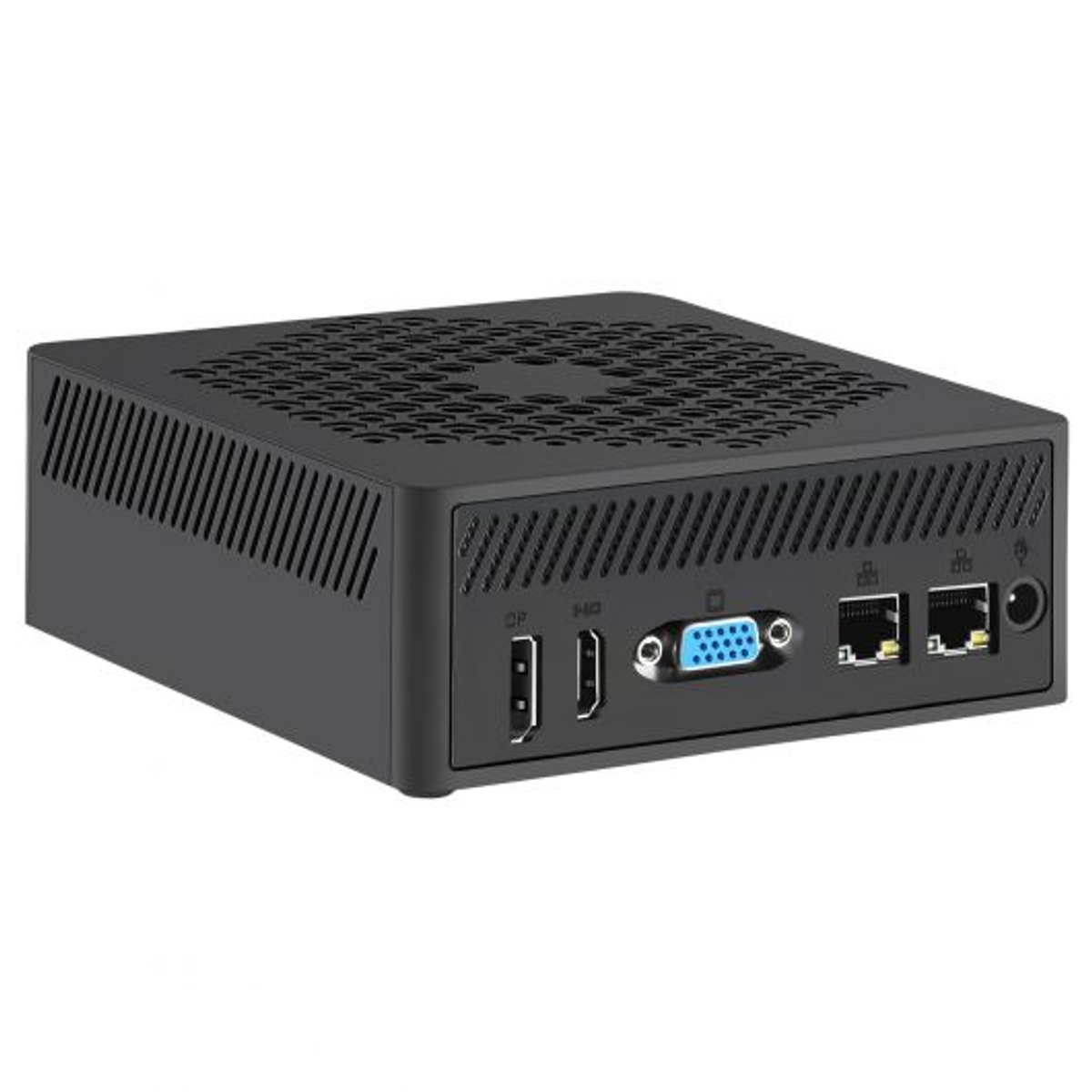 Mini PC negro con parte superior perforada, varios puertos en la parte trasera y un fondo blanco limpio.