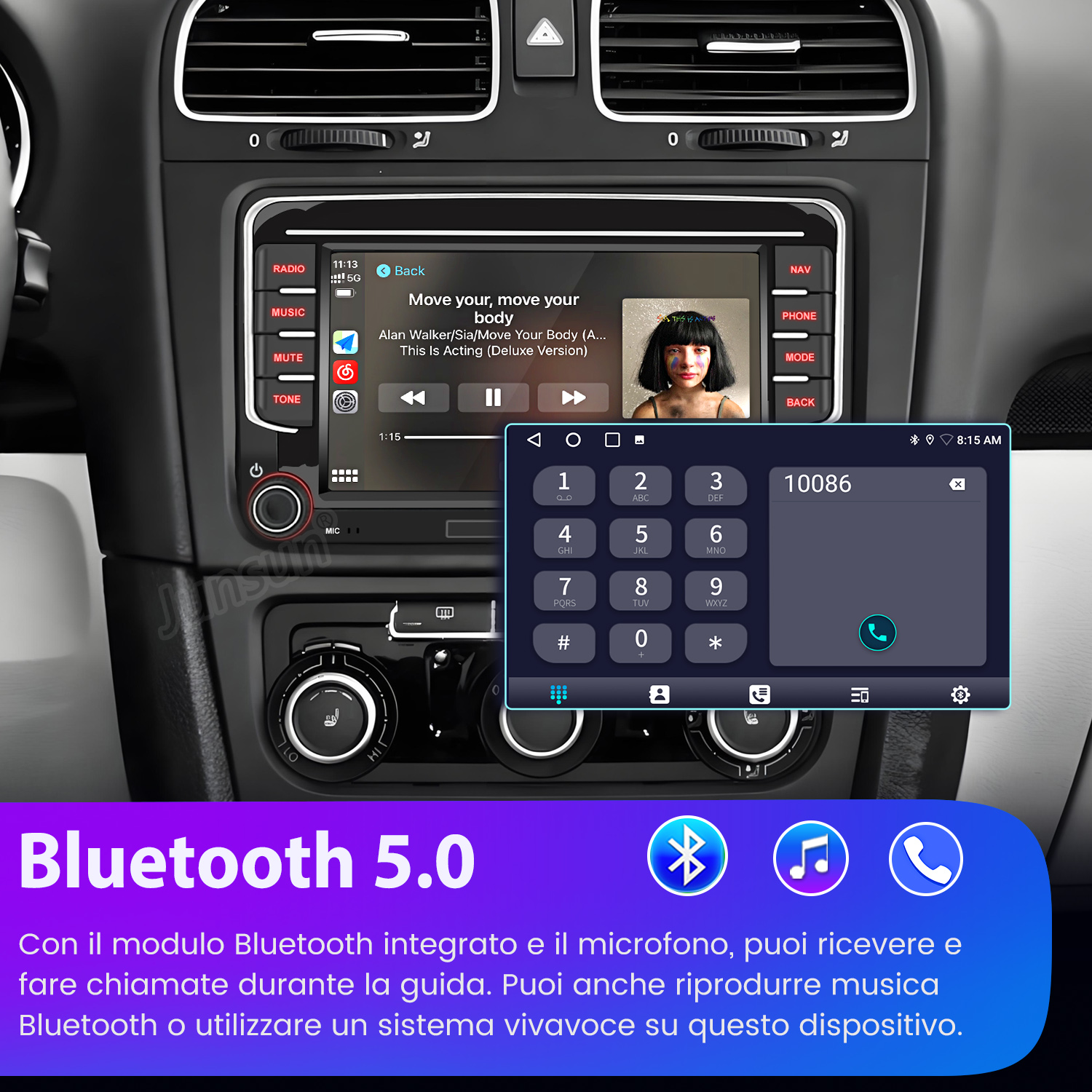 Autoradio con dialer telefonico e musica sul touchscreen.