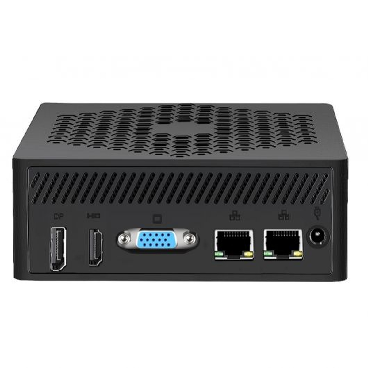 Panel trasero de mini PC negro con varios puertos.