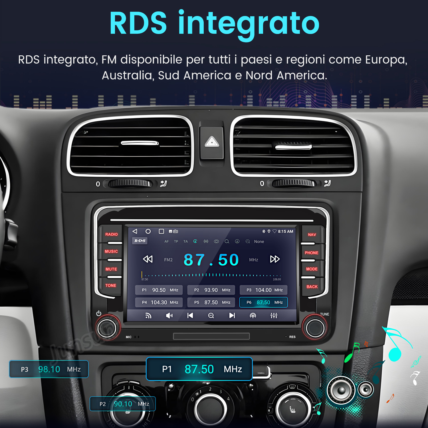 Display autoradio che mostra le informazioni sulla stazione radio FM e i controlli.