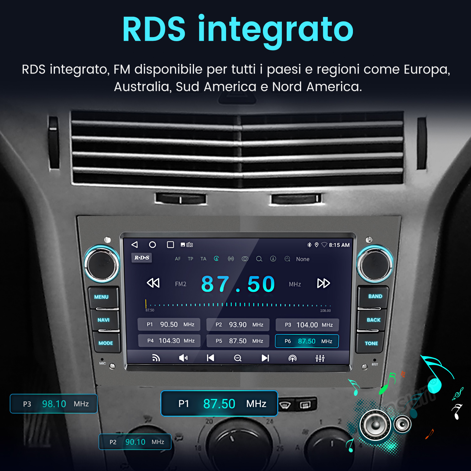 Schermo autoradio che mostra informazioni radio, con testo RDS Integrato in alto, pulsanti ai lati.