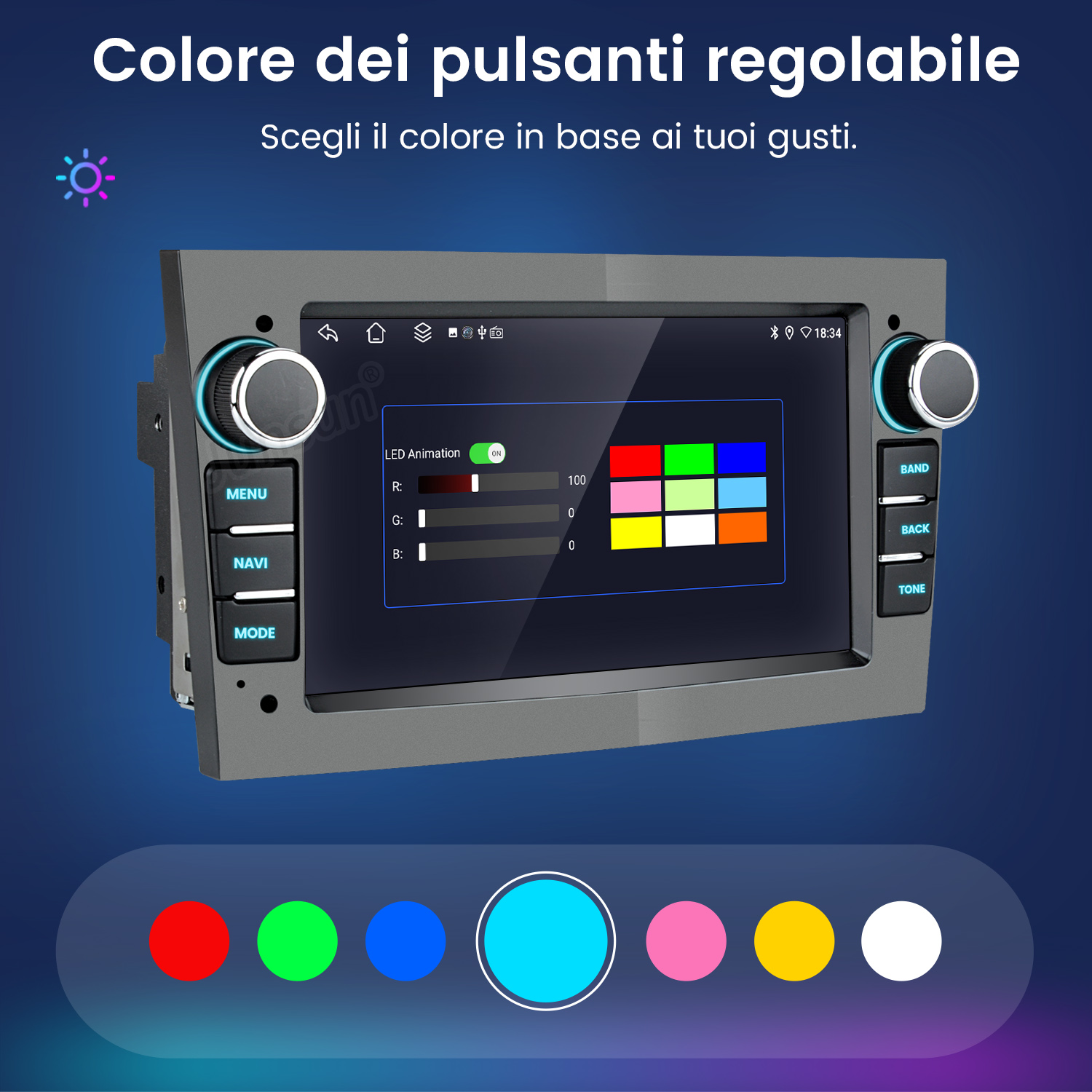 Interfaccia autoradio con colori dei pulsanti regolabili. Una selezione di pulsanti colorati è visualizzata sotto.