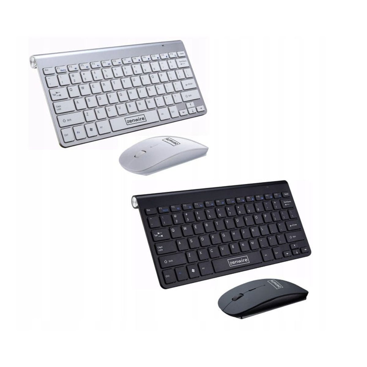 Dwa zestawy bezprzewodowej klawiatury i myszy: jeden srebrny i jeden czarny. Białe tło.