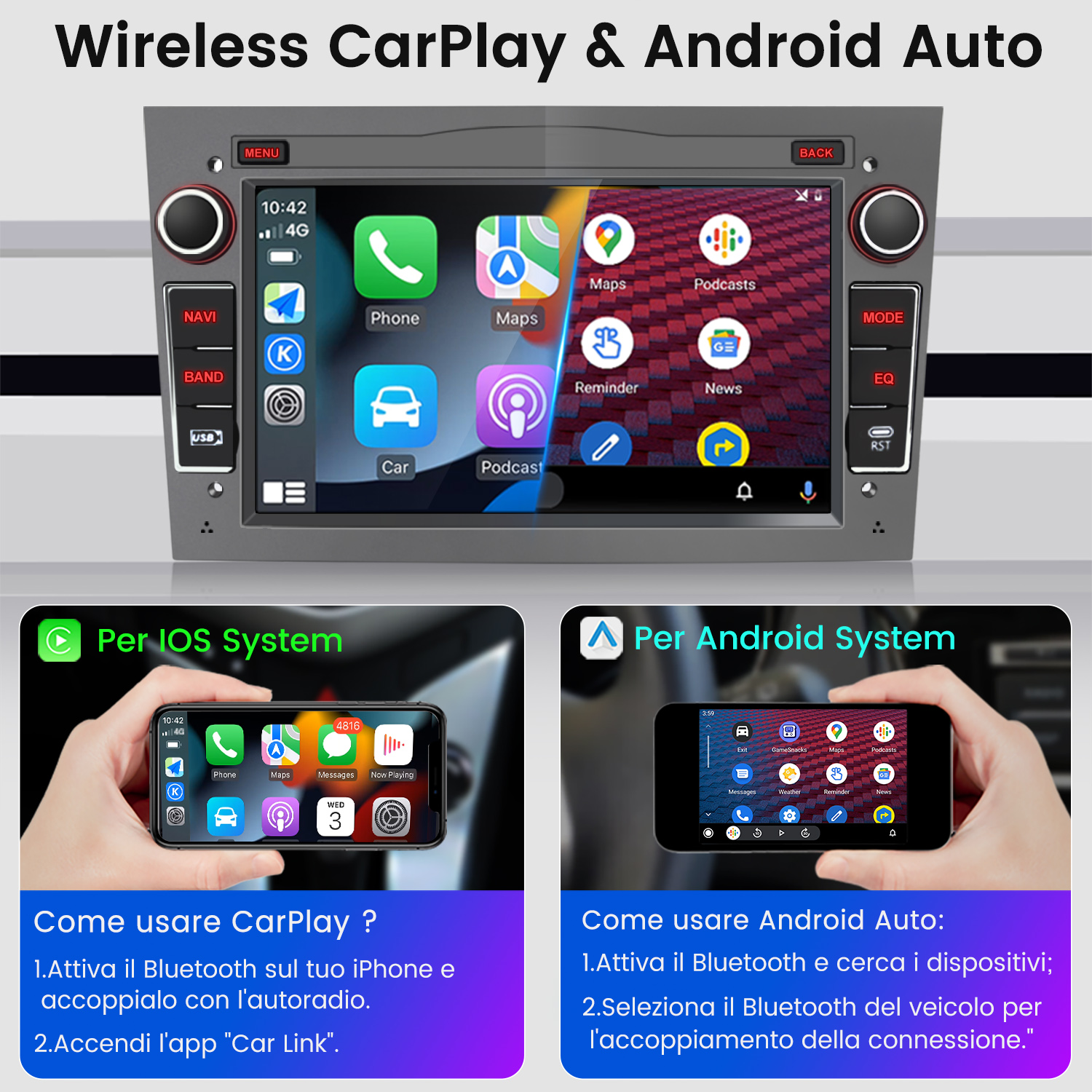Autoradio con touchscreen, che mostra interfaccia telefono e istruzioni.