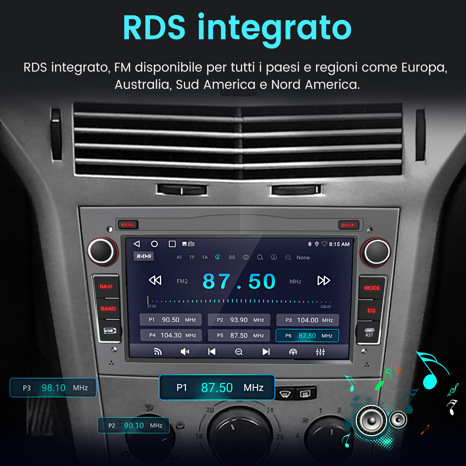 Autoradio con display che mostra informazioni radio, pulsanti e controlli.