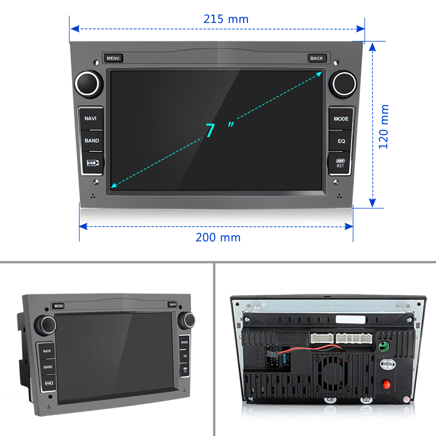 Radio samochodowe z wyświetlaczem 7". Wymiary to 215x120x200 mm. Przyciski: menu, navi, band, mode, eq i wstecz.