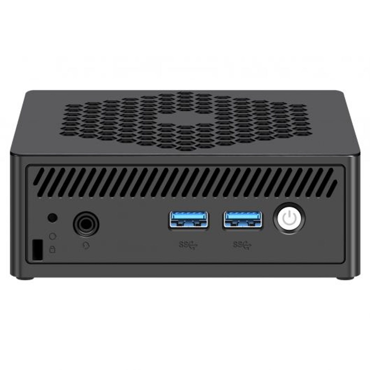 Mini PC nero con prese d'aria superiori, porte anteriori e pulsante di accensione.