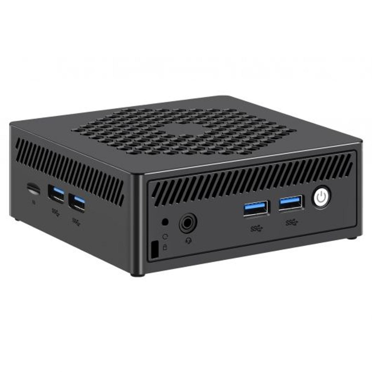 Mini PC nero con prese d'aria e porte. Pulsante di accensione frontale. Design compatto.