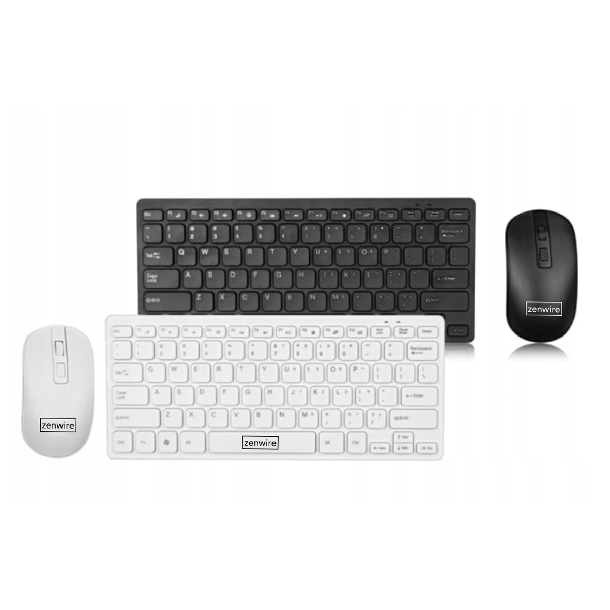 Czarne i białe zestawy klawiatury i myszy zenwire, oba bezprzewodowe.