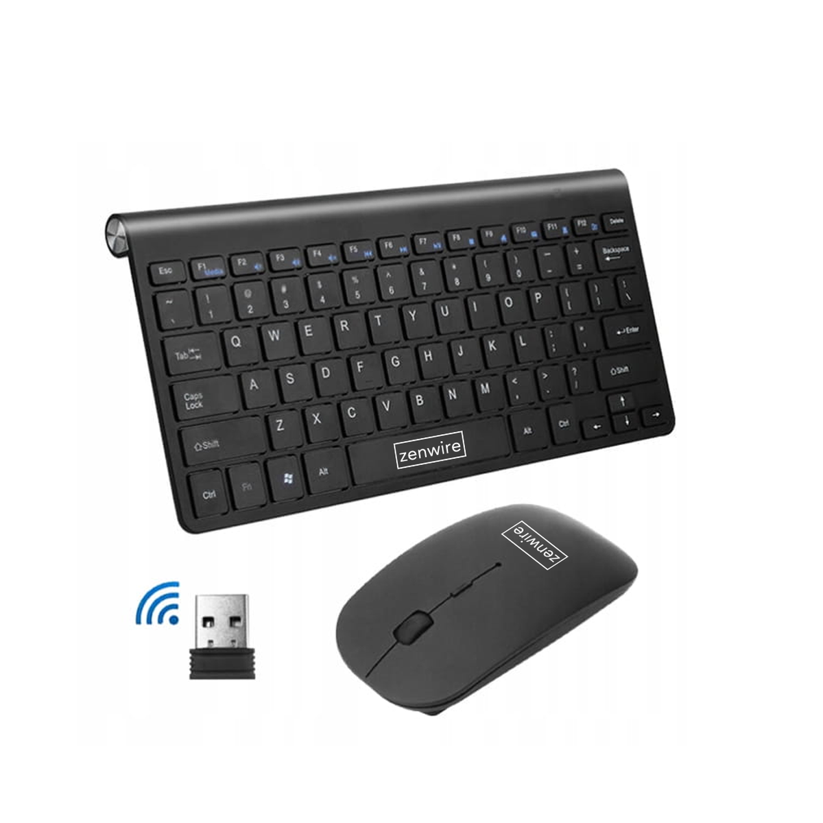 Czarny bezprzewodowy zestaw klawiatury i myszy z odbiornikiem USB, białe tło.