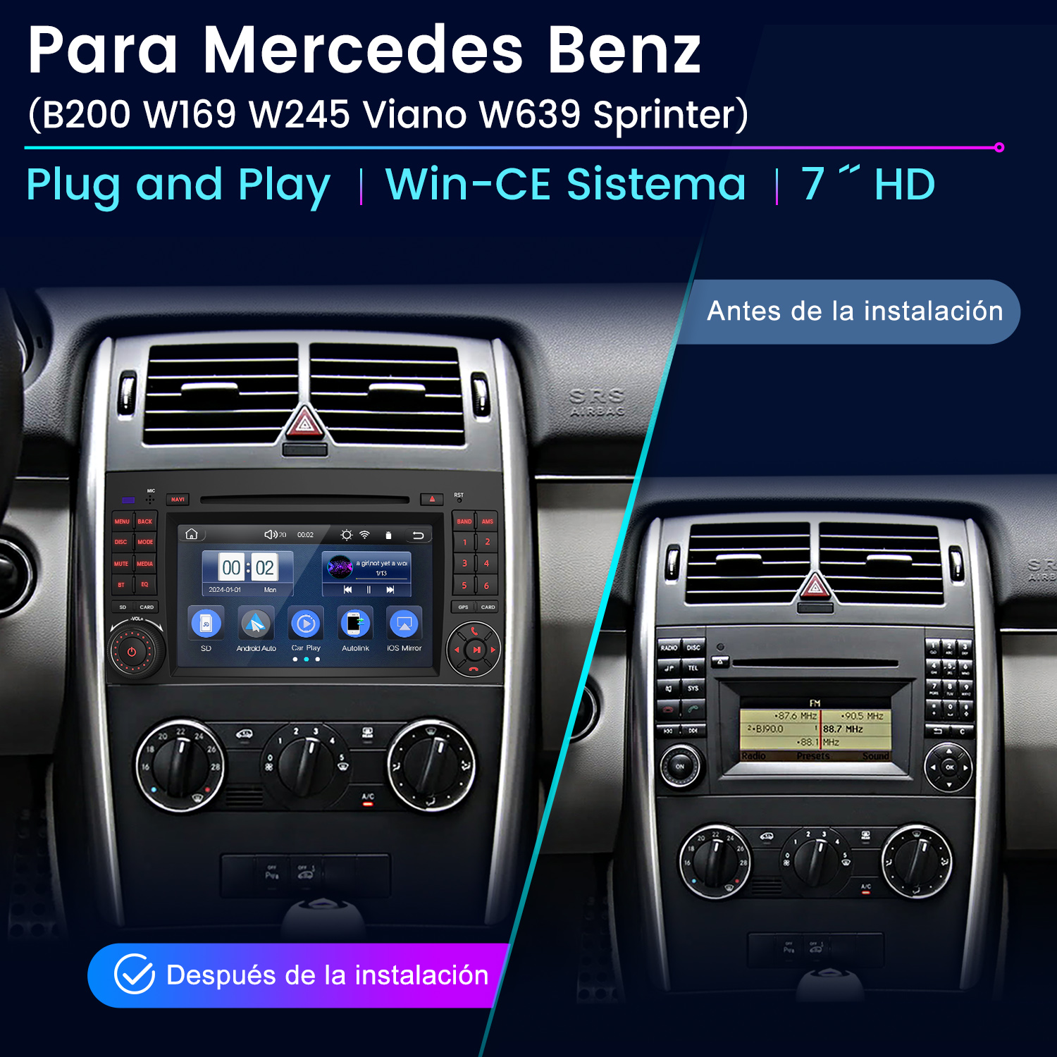Instalación de radio de coche con pantallas de radio. Texto: Para Mercedes Benz, Plug and Play. Antes y después de la instalación.