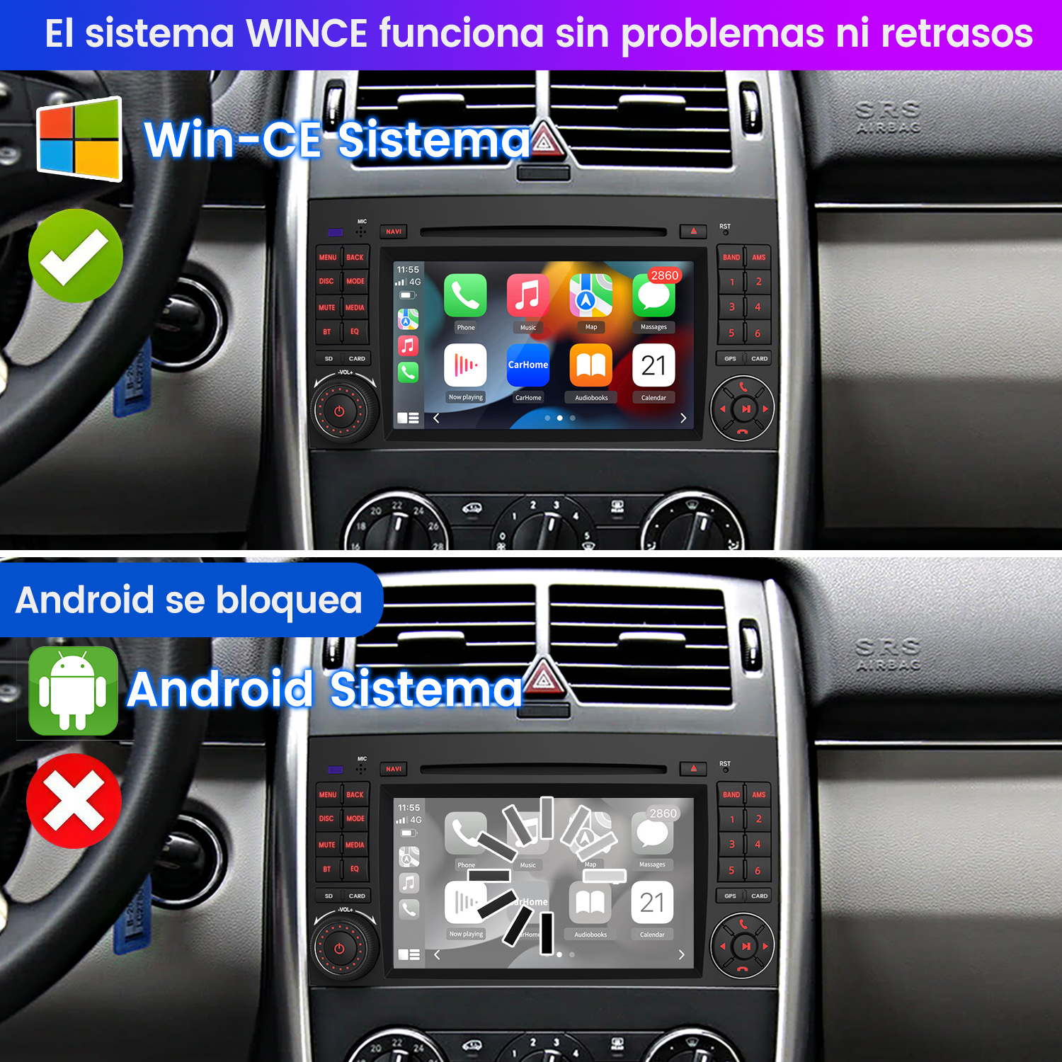 Dos imágenes de tablero de coche, un sistema Win-CE y un sistema Android, con diferente interfaz.