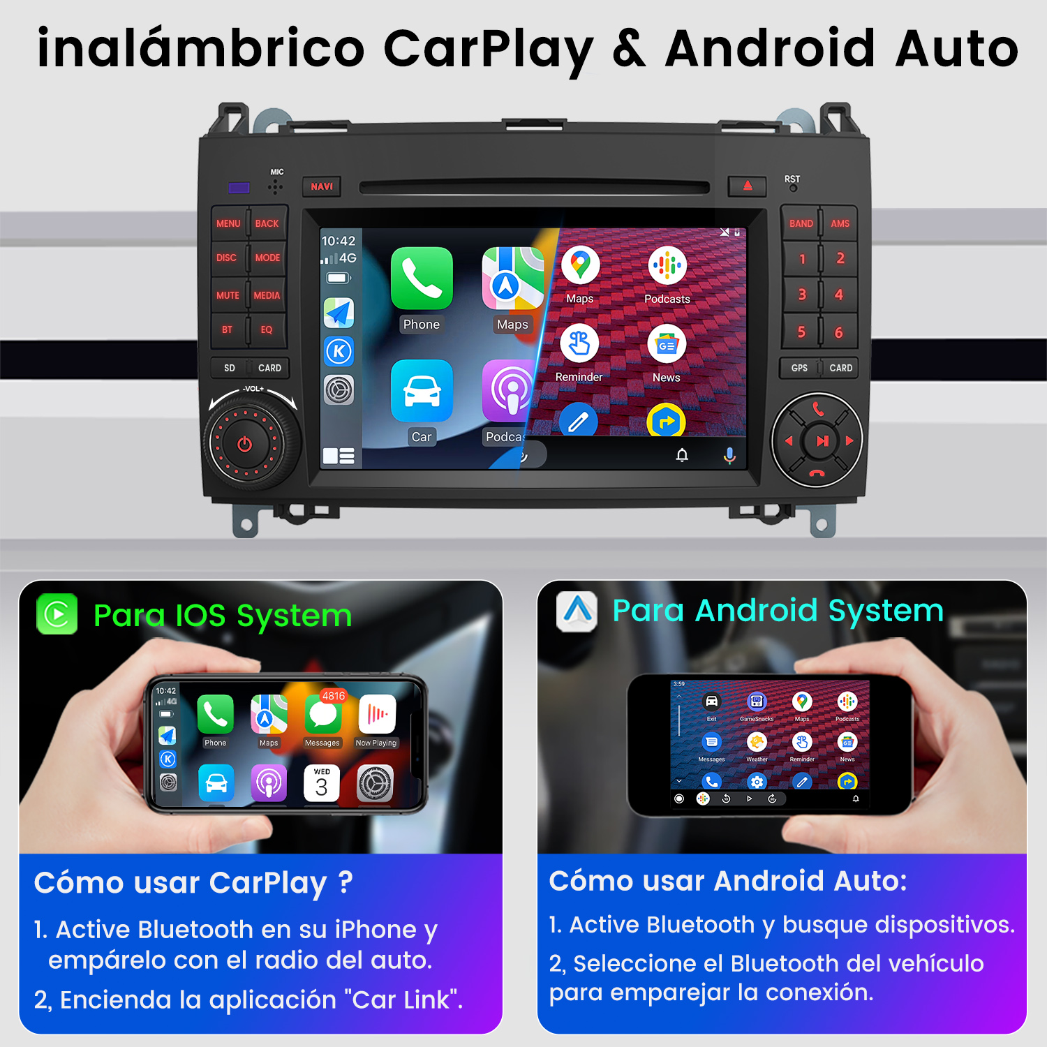 Autoradio con interfaces CarPlay y Android Auto en la pantalla.