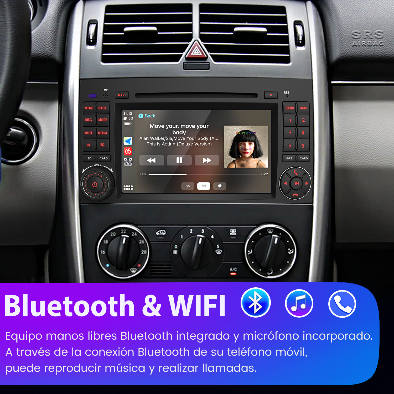 Sistema de radio del coche con pantalla táctil mostrando música. Se muestran iconos de Bluetooth y WiFi.