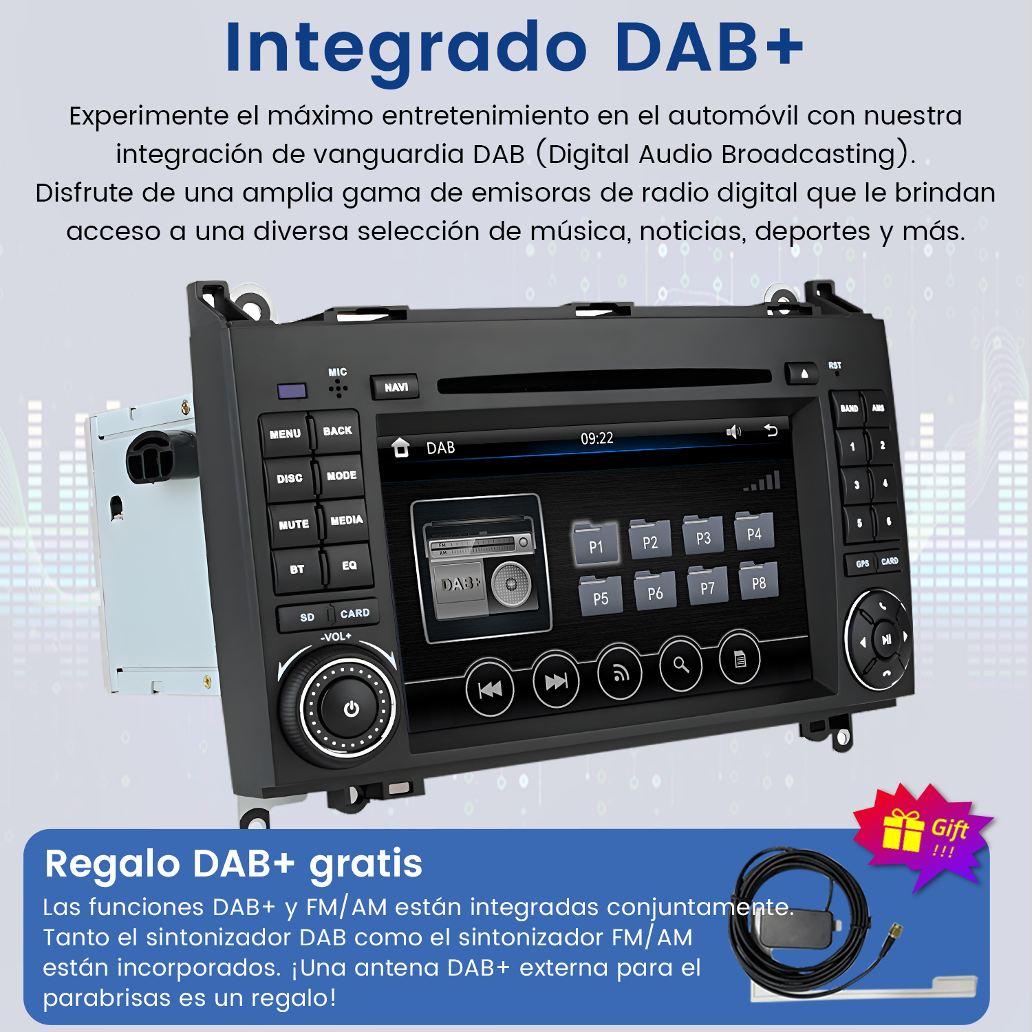 Sistema multimedia para coche con funciones DAB+. Incluye antena y etiqueta de regalo.