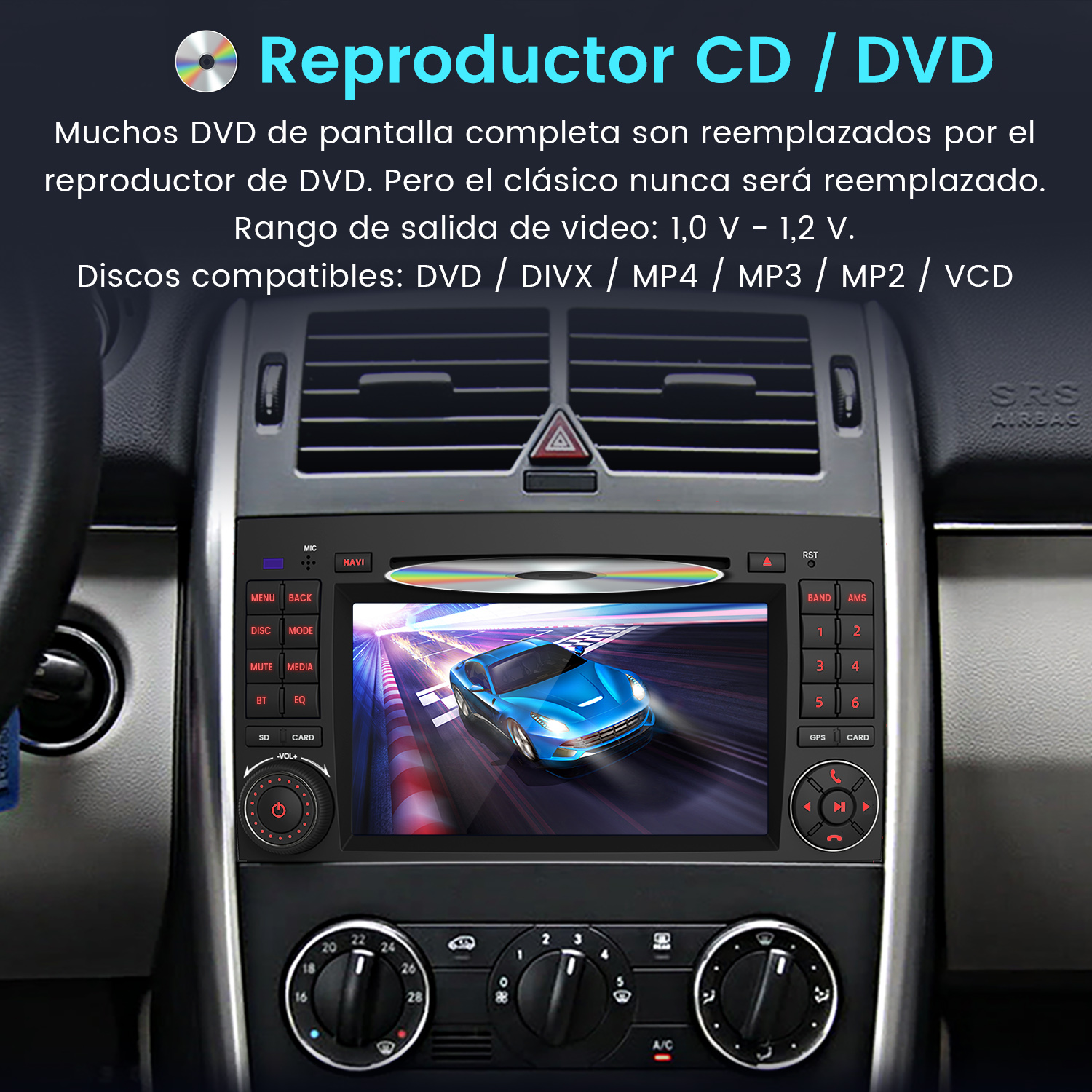Autoradio con reproductor de CD/DVD y pantalla con un coche azul en una pista.